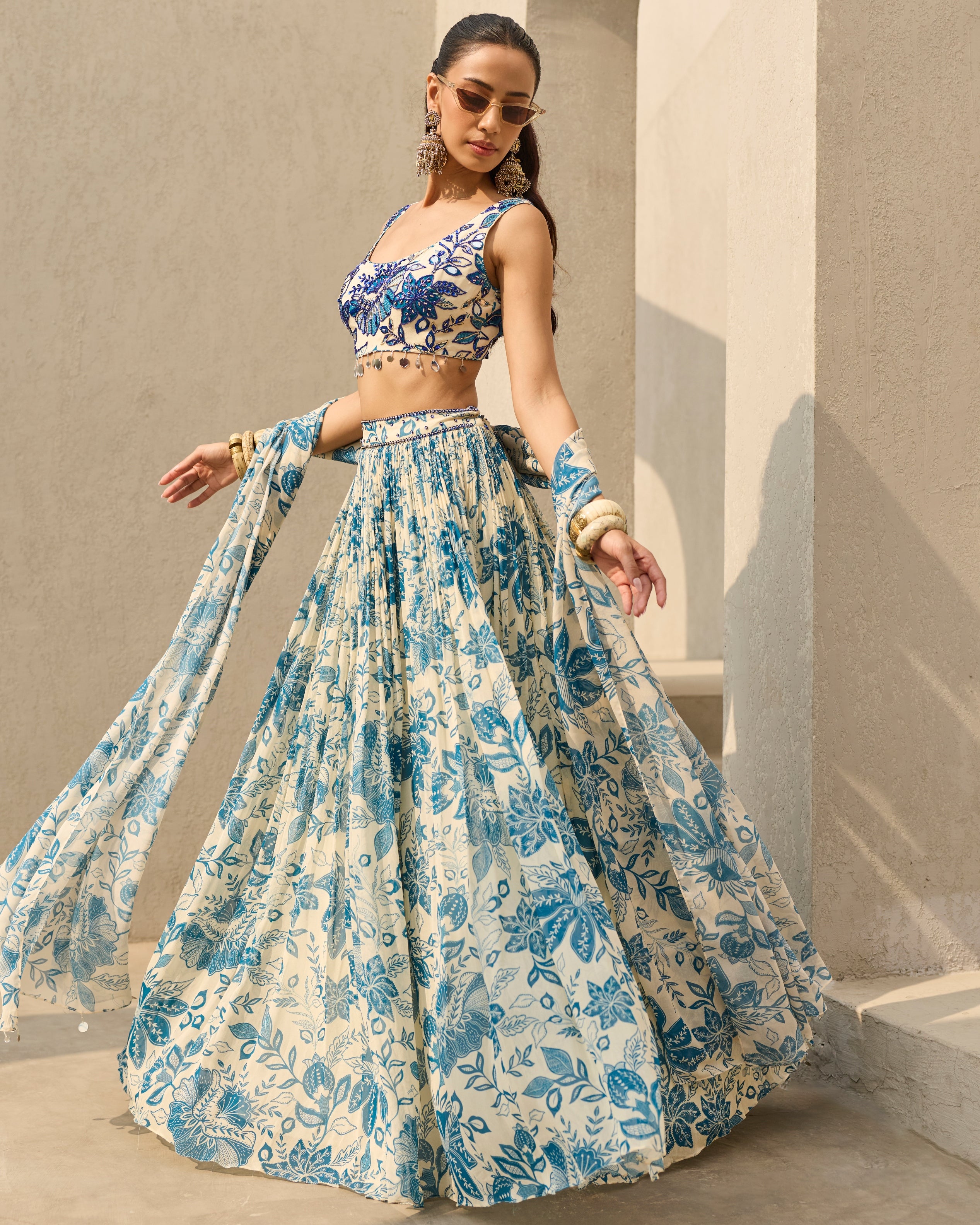Ivory & Blue Floral Printed Lehenga Set
