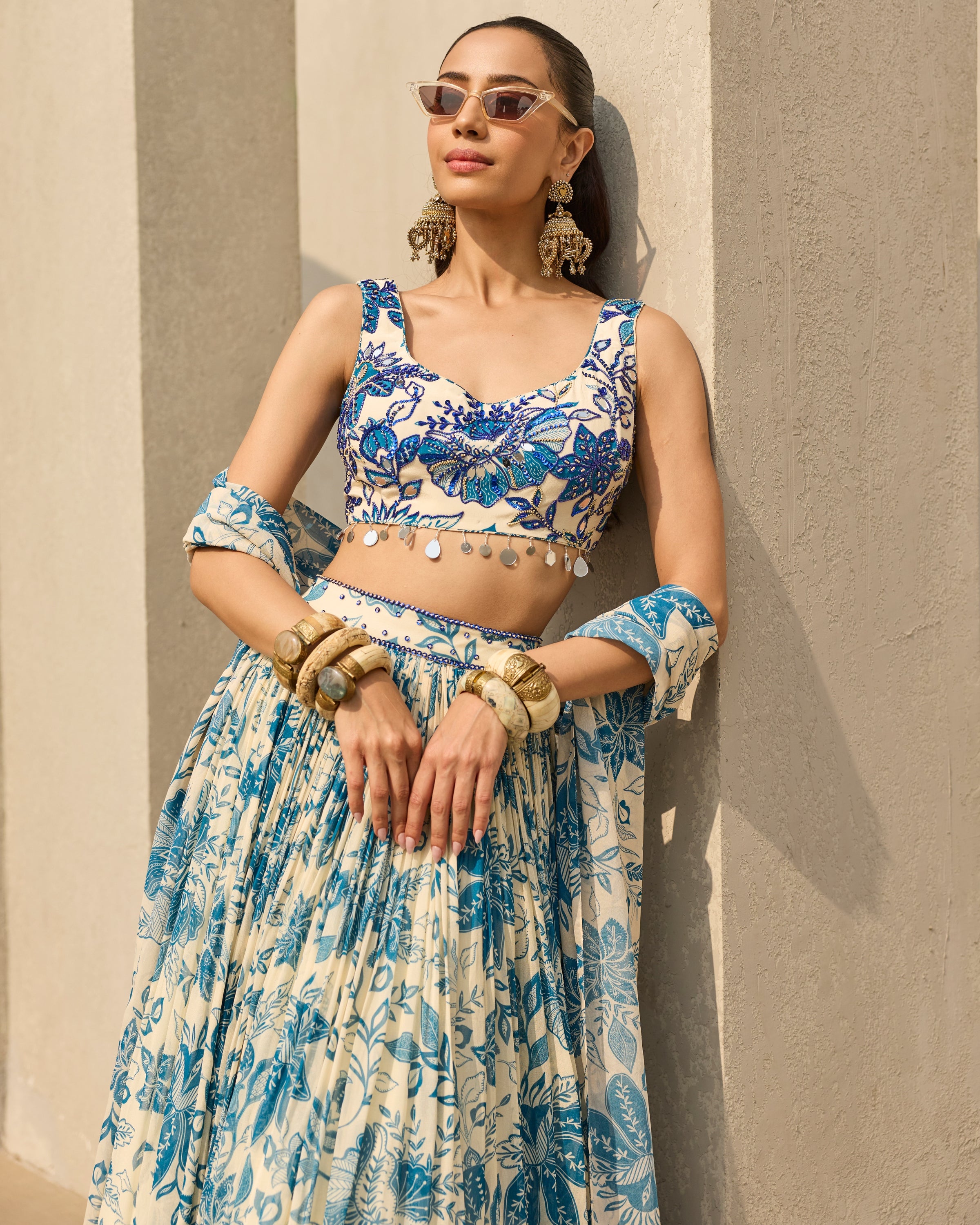 Ivory & Blue Floral Printed Lehenga Set