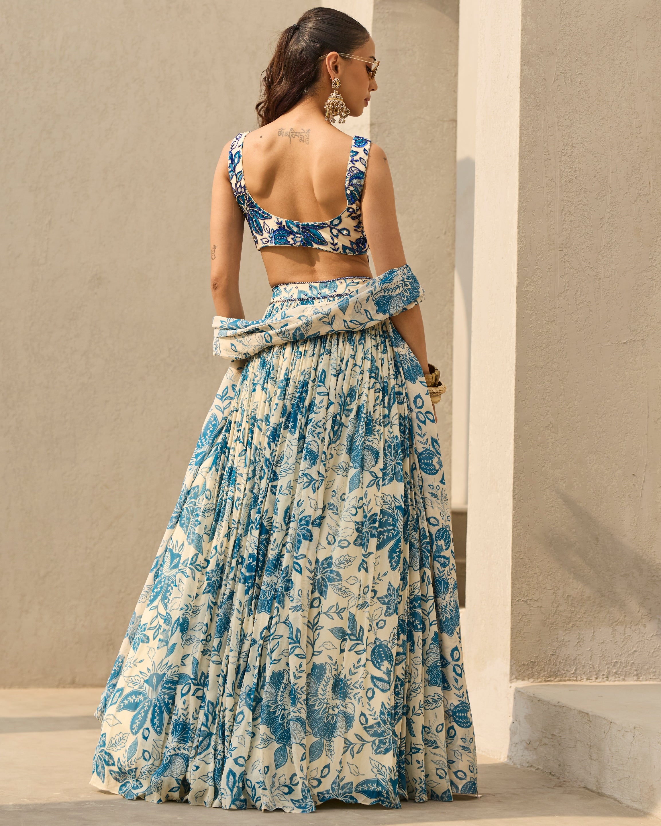 Ivory & Blue Floral Printed Lehenga Set