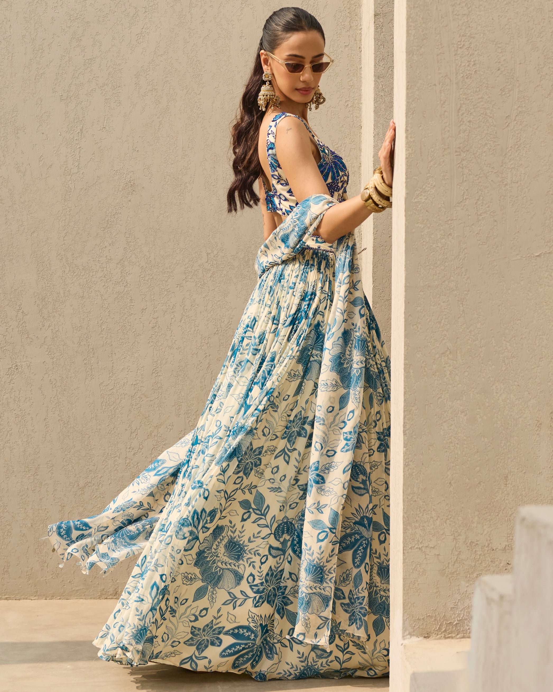 Ivory & Blue Floral Printed Lehenga Set