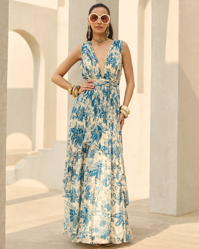 Ivory & Blue Floral Printed Dress