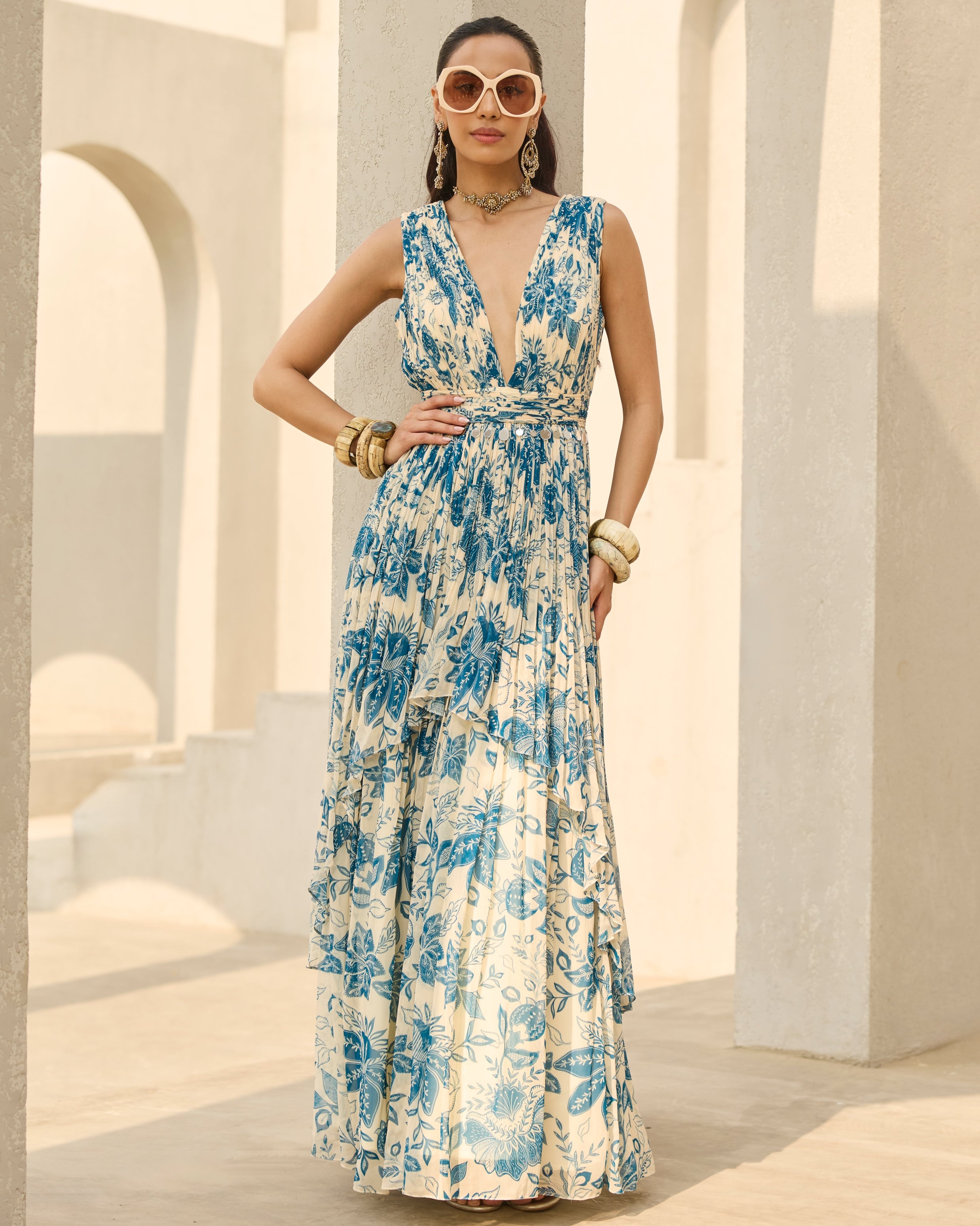 Ivory & Blue Floral Printed Dress