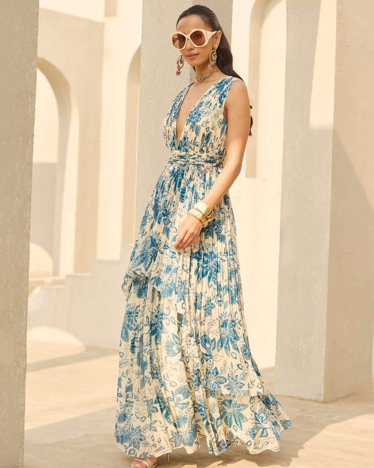 Ivory & Blue Floral Printed Dress