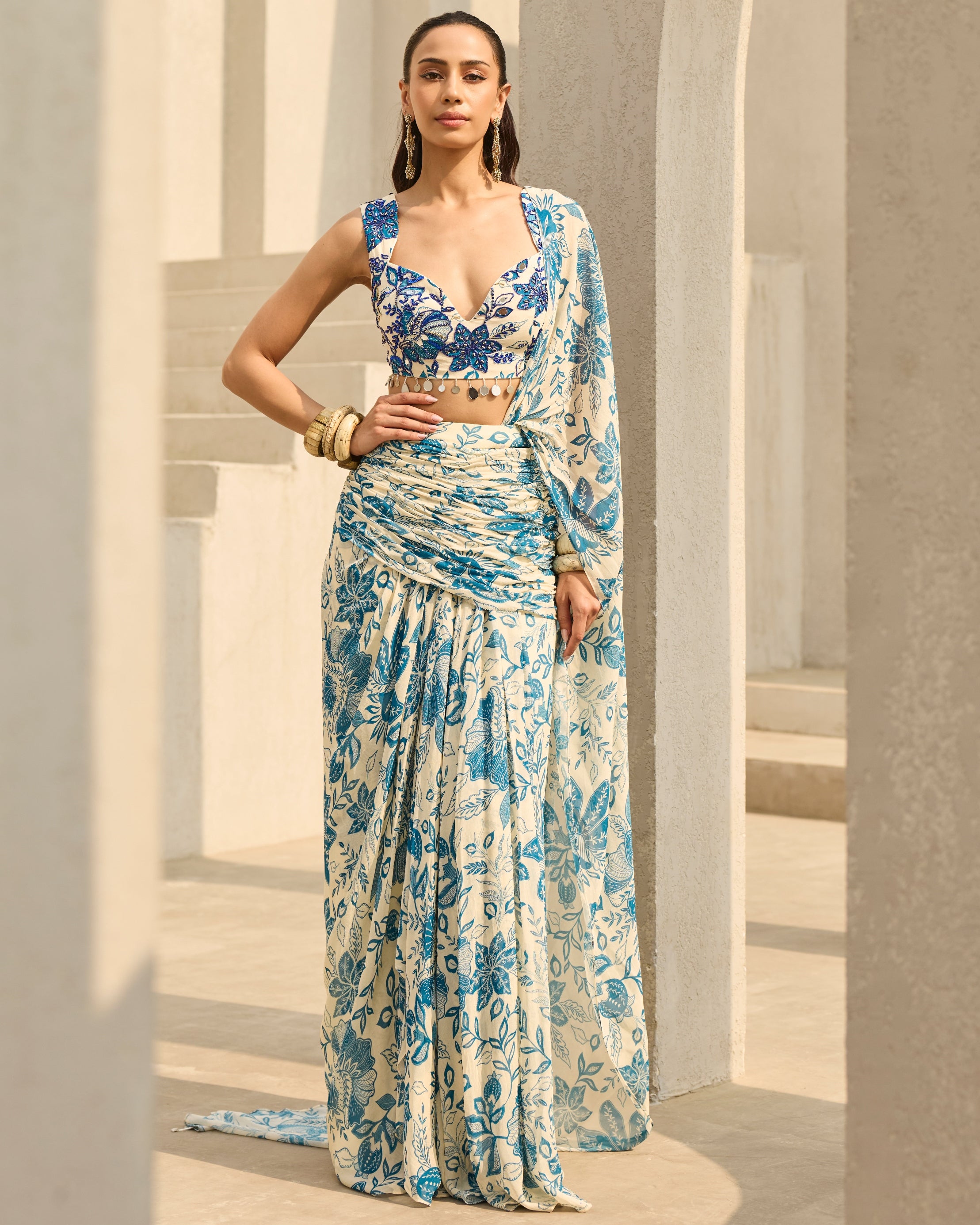Ivory & Blue Floral Printed Sari Set