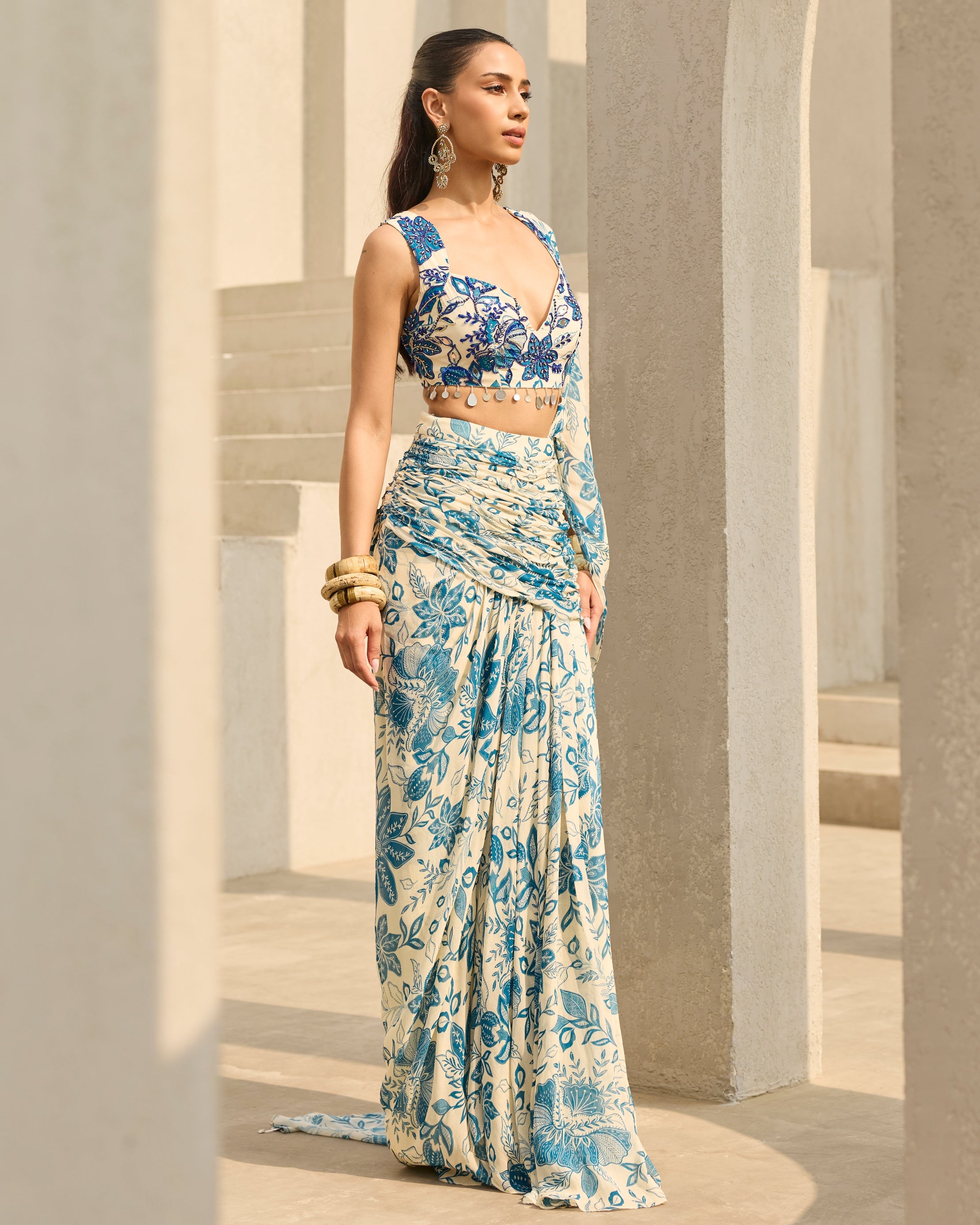 Ivory & Blue Floral Printed Sari Set