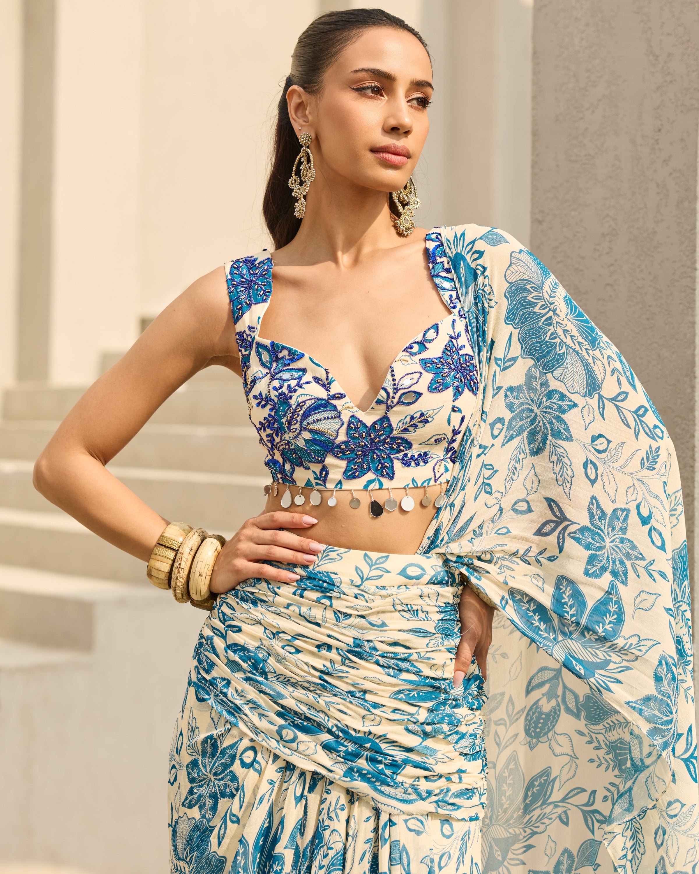Ivory & Blue Floral Printed Sari Set