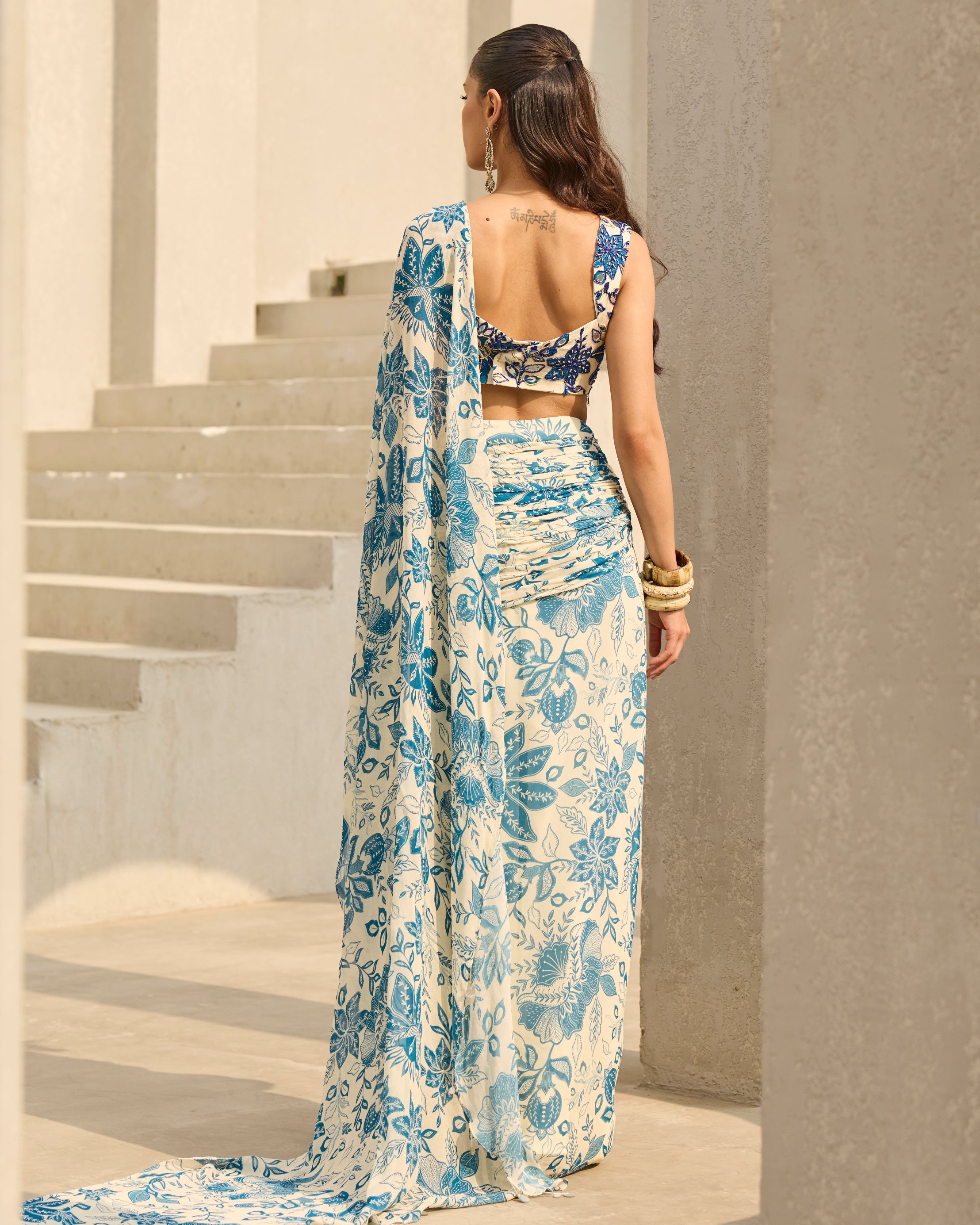 Ivory & Blue Floral Printed Sari Set