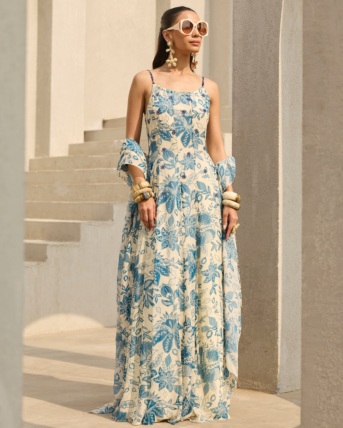Ivory & Blue Floral Printed Dress Set