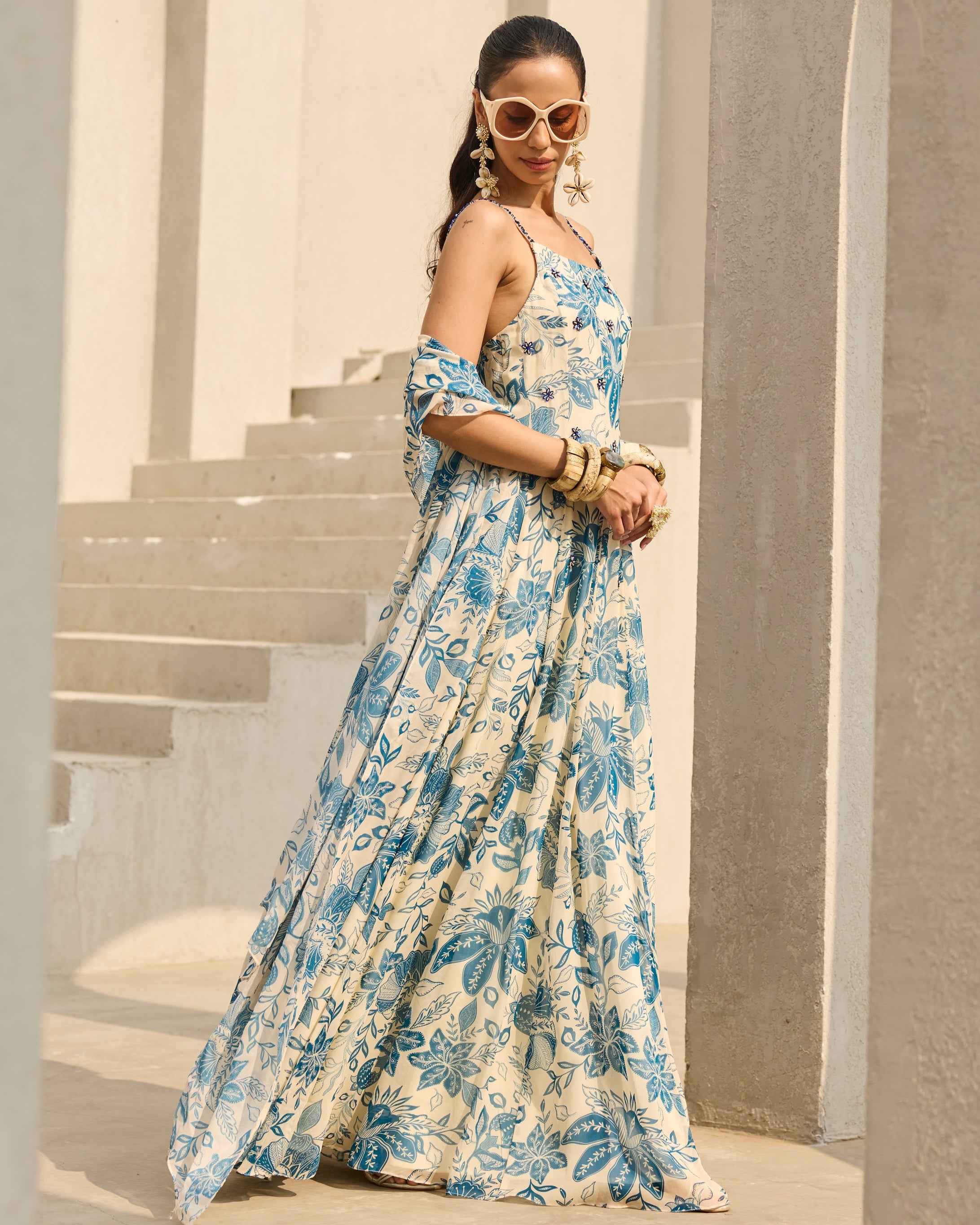 Ivory & Blue Floral Printed Dress Set