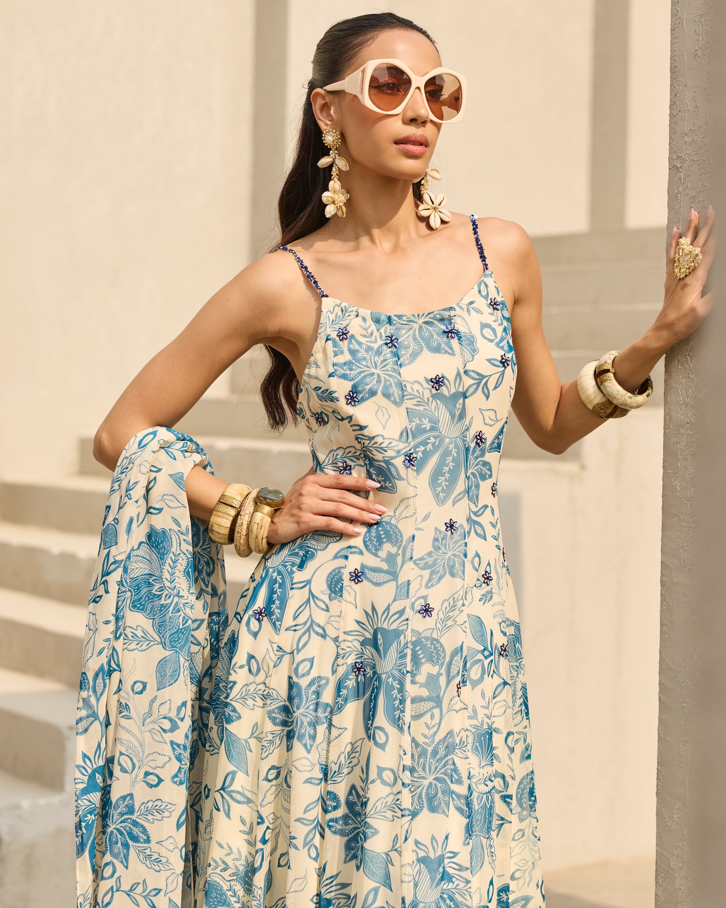 Ivory & Blue Floral Printed Dress Set