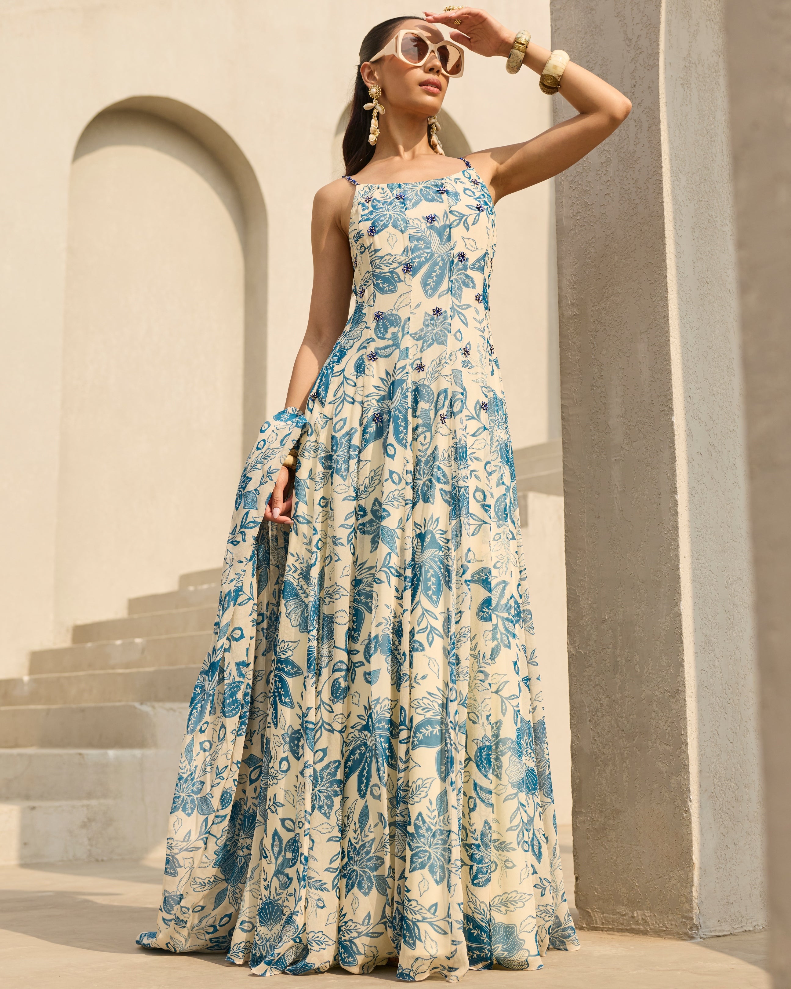 Ivory & Blue Floral Printed Dress Set