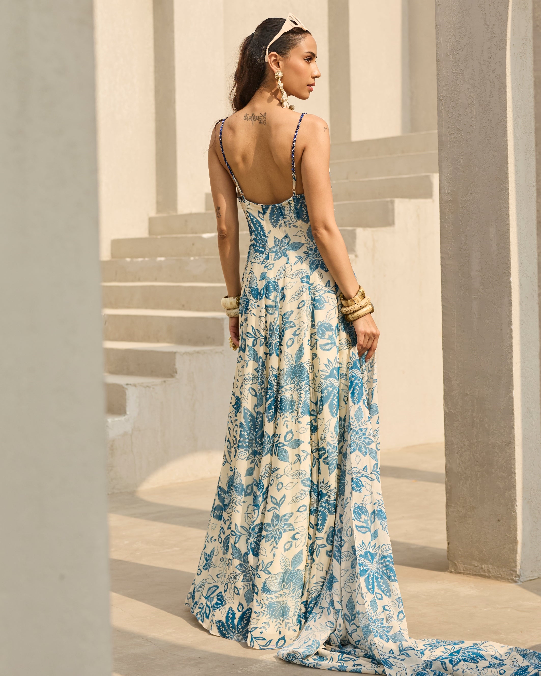 Ivory & Blue Floral Printed Dress Set