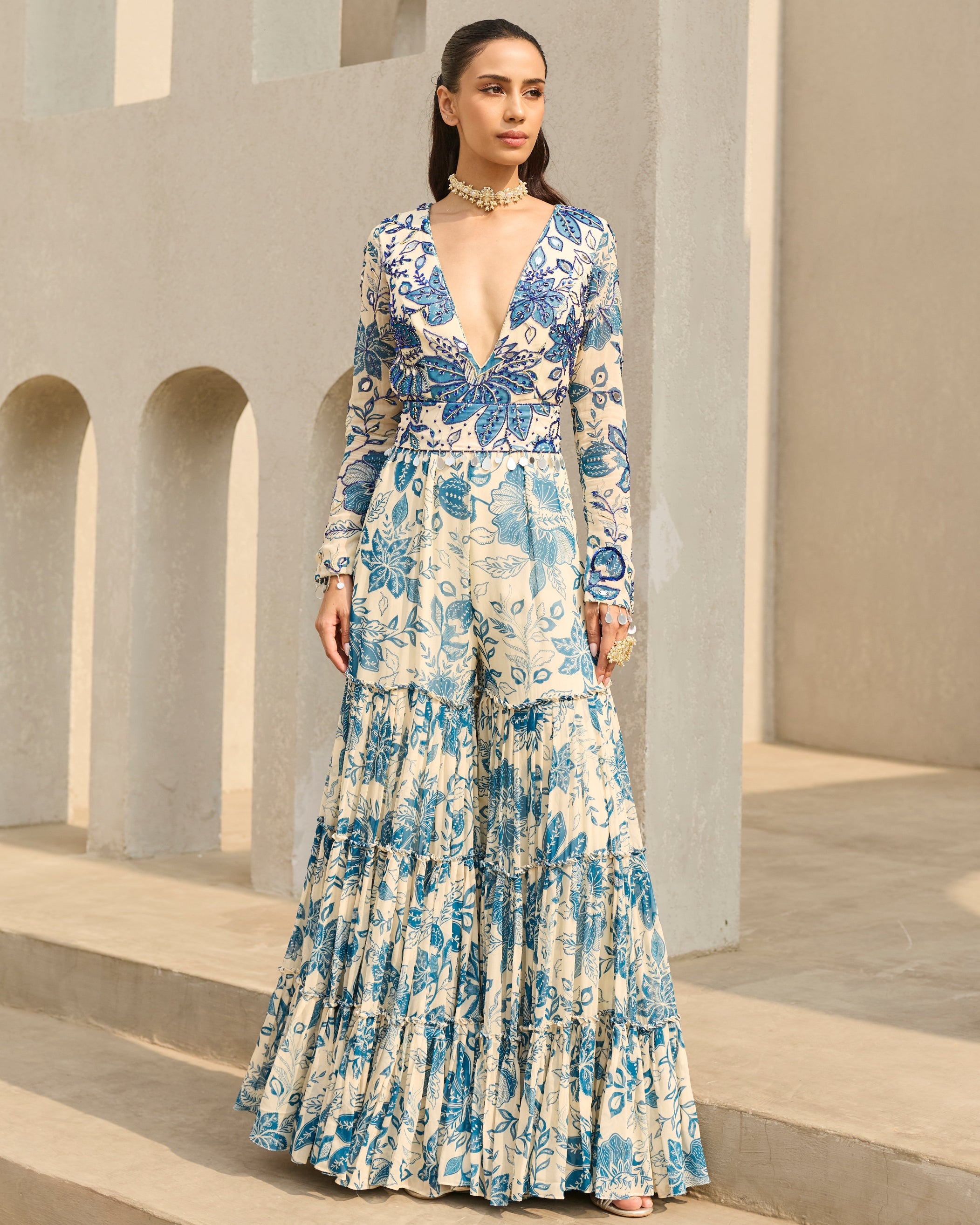 Ivory & Blue Floral Printed Jumpsuit