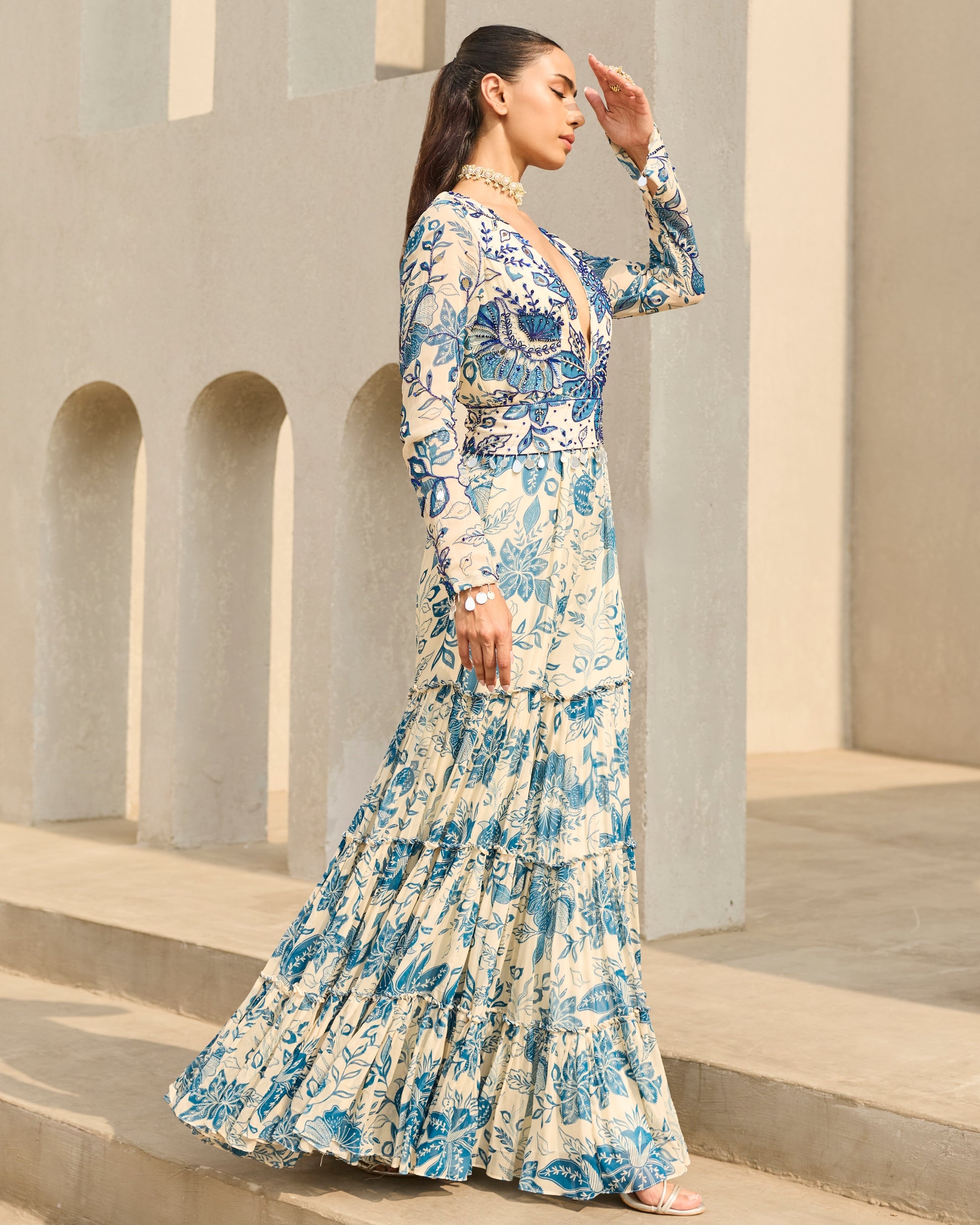 Ivory & Blue Floral Printed Jumpsuit