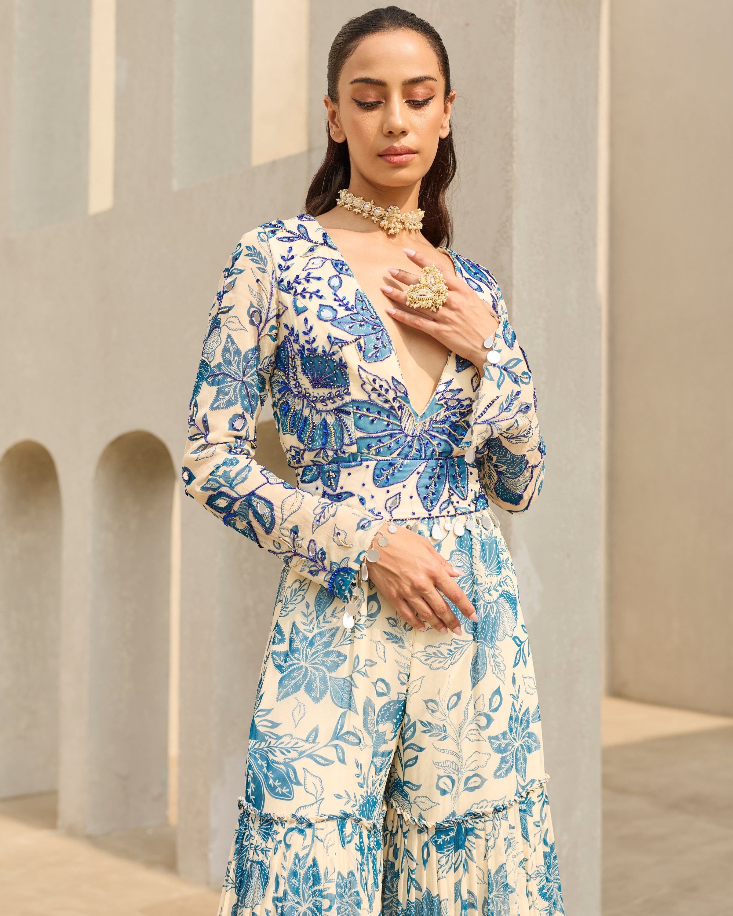 Ivory & Blue Floral Printed Jumpsuit