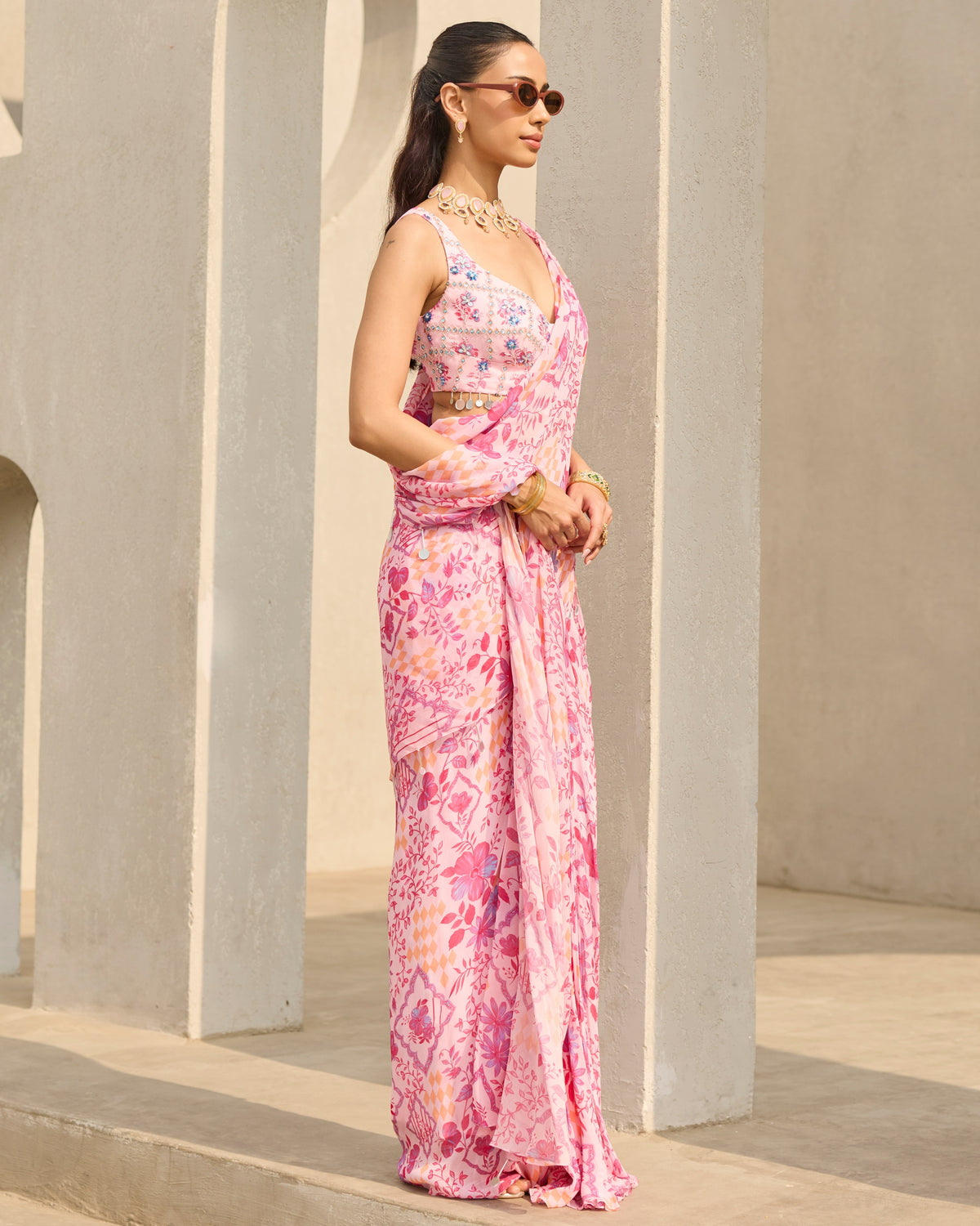 Pink Abstract Floral Printed Sari Set