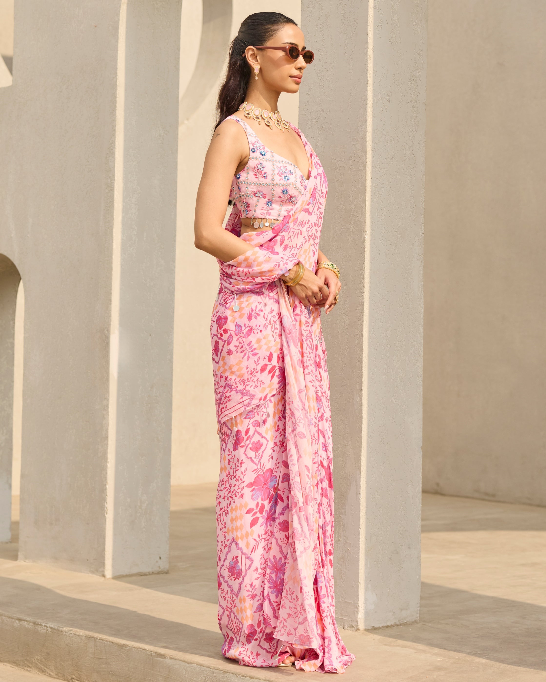 Pink Abstract Floral Printed Sari Set