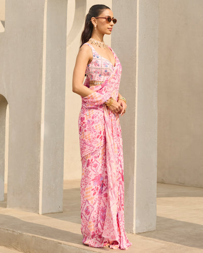 Pink Abstract Floral Printed Sari Set