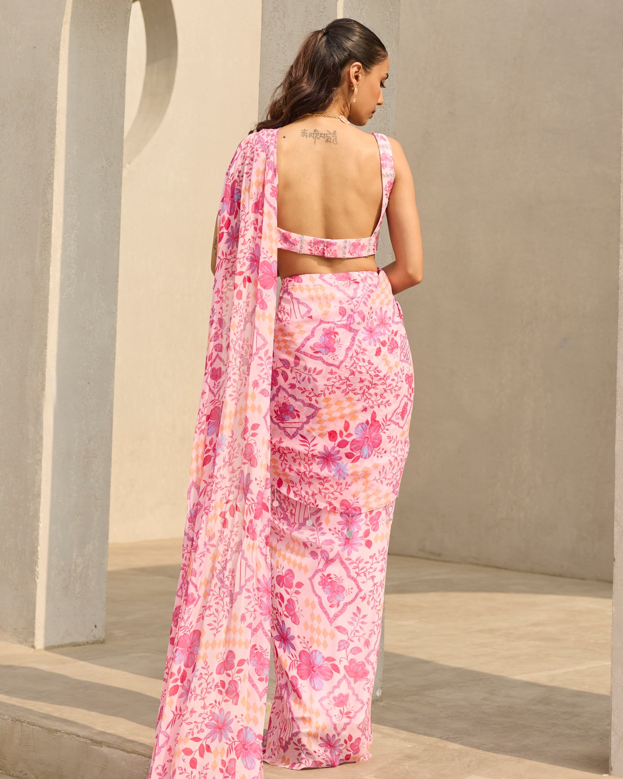 Pink Abstract Floral Printed Sari Set