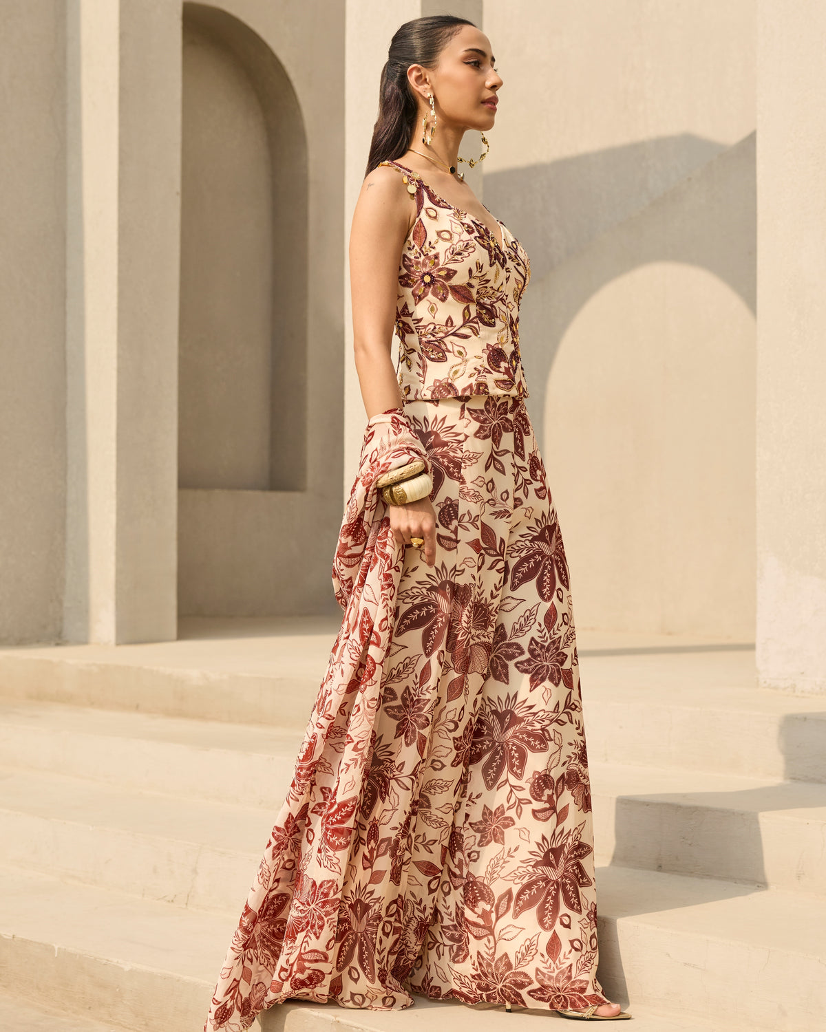 Ivory & Maroon Floral Printed Co-Ord Set