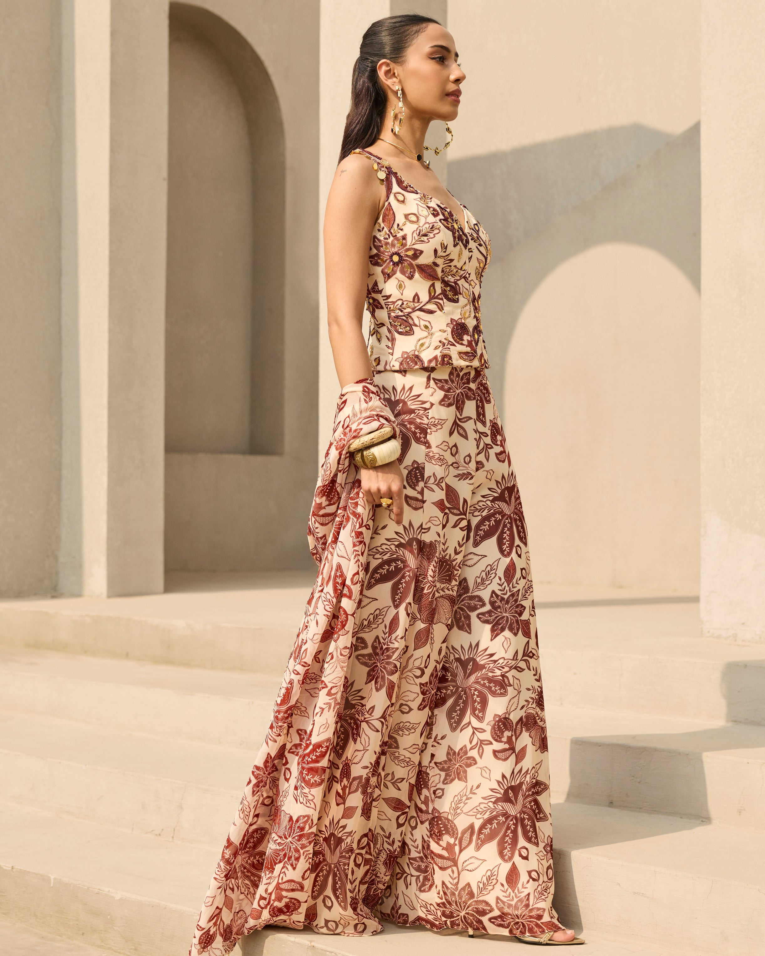 Ivory & Maroon Floral Printed Co-Ord Set