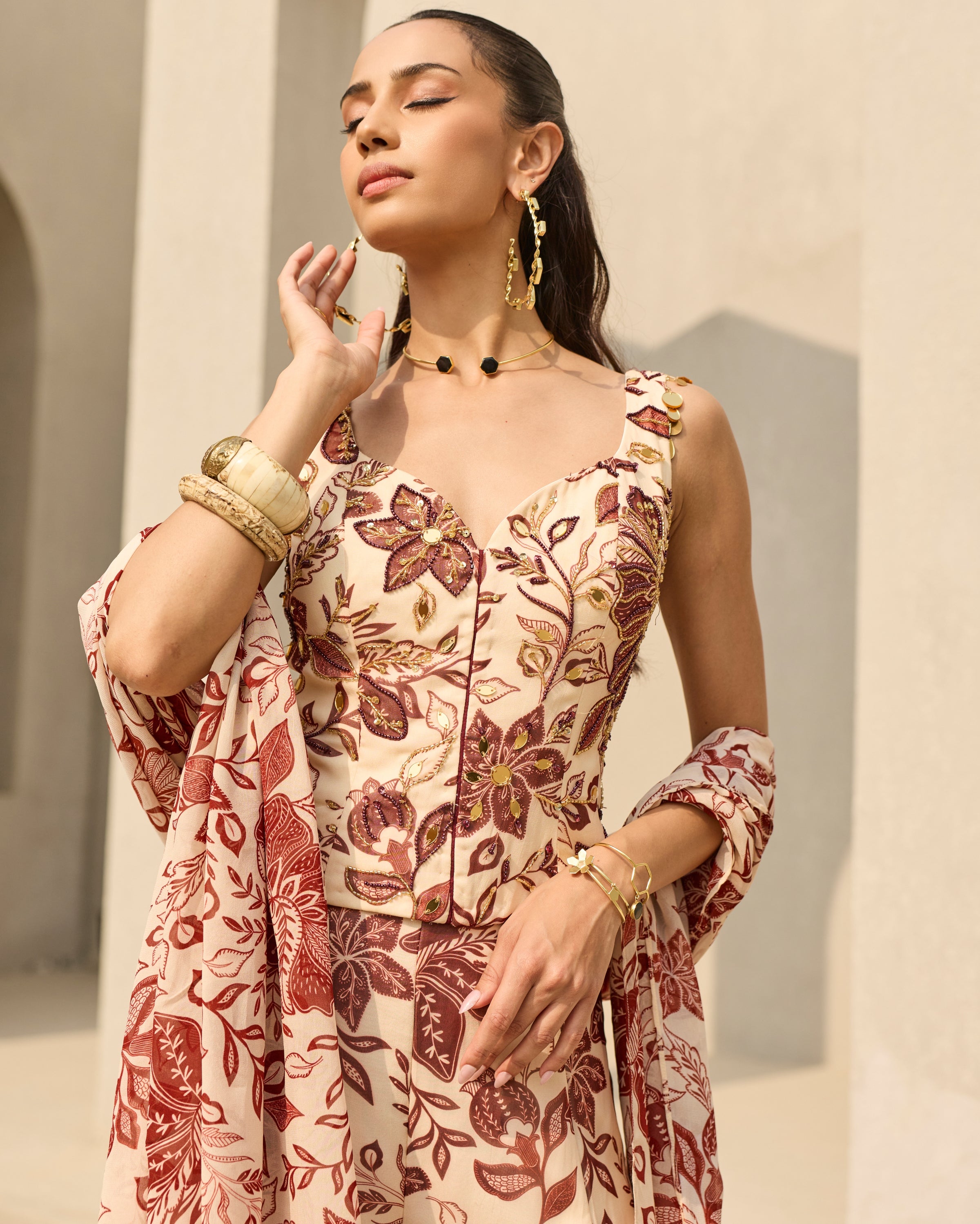 Ivory & Maroon Floral Printed Co-Ord Set