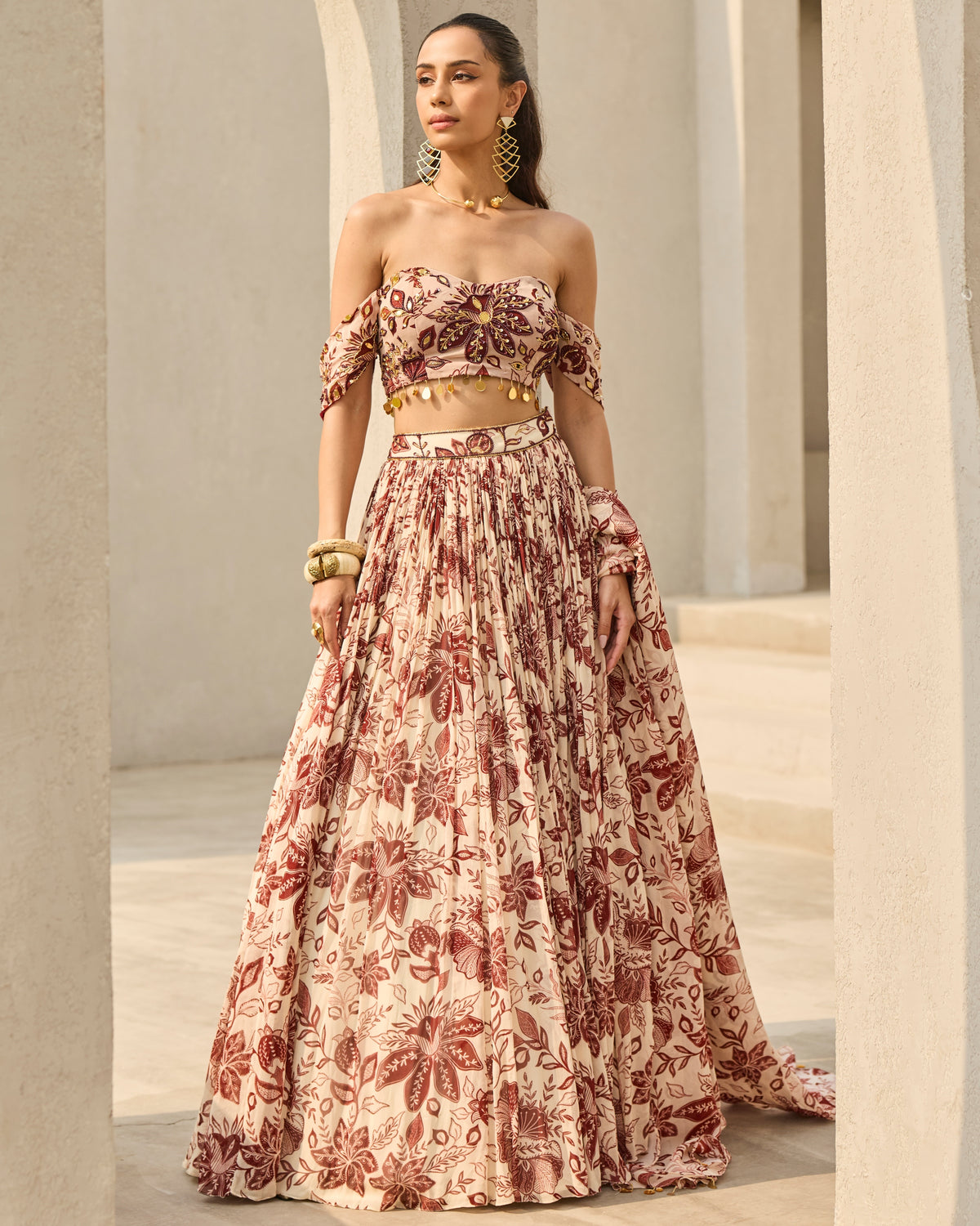 Ivory & Maroon Floral Printed Lehenga Set