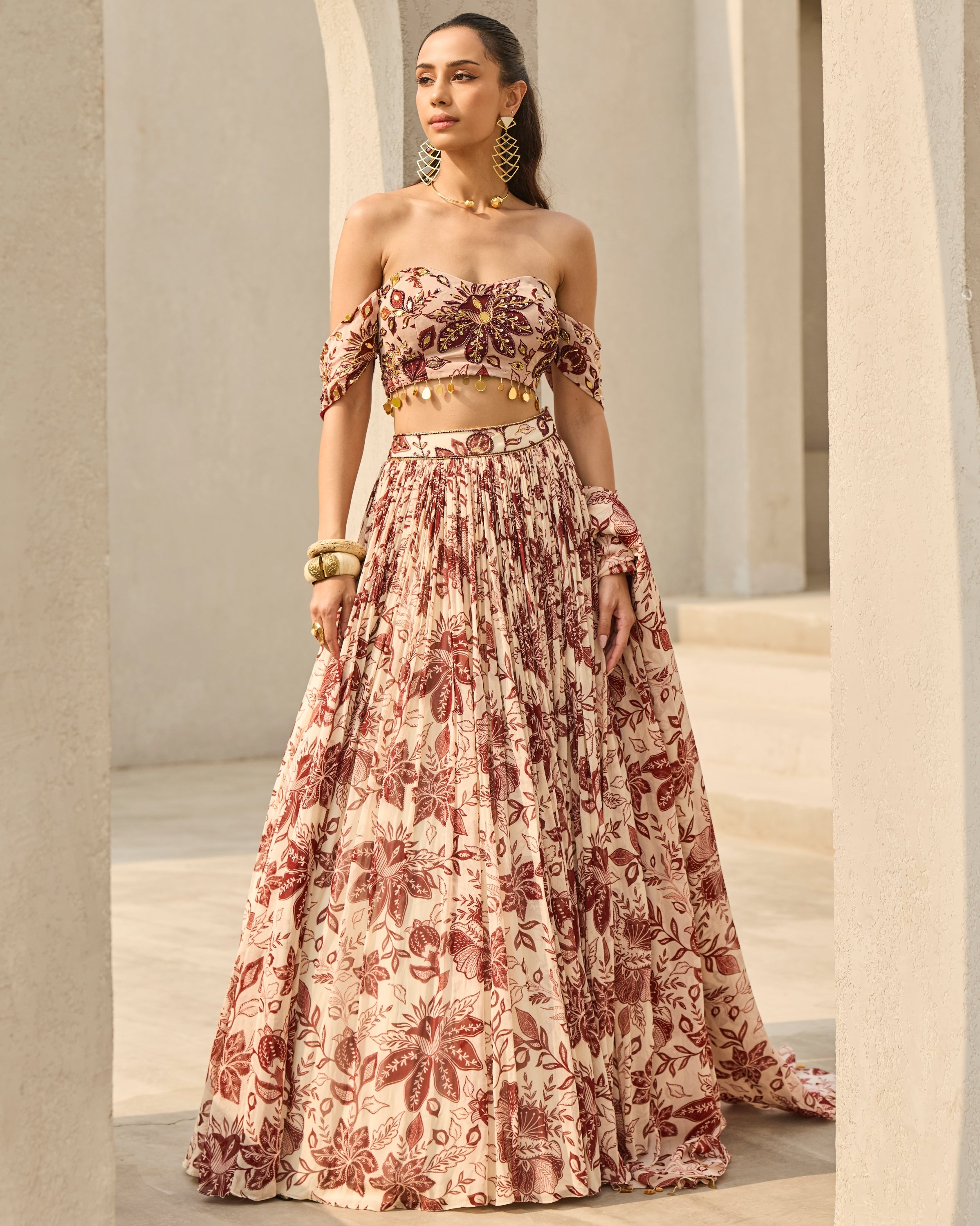 Ivory & Maroon Floral Printed Lehenga Set