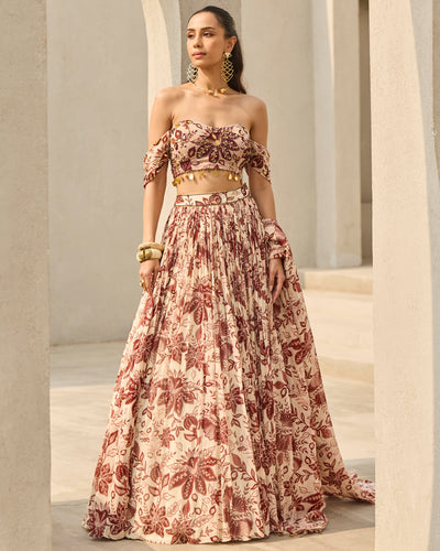 Ivory & Maroon Floral Printed Lehenga Set