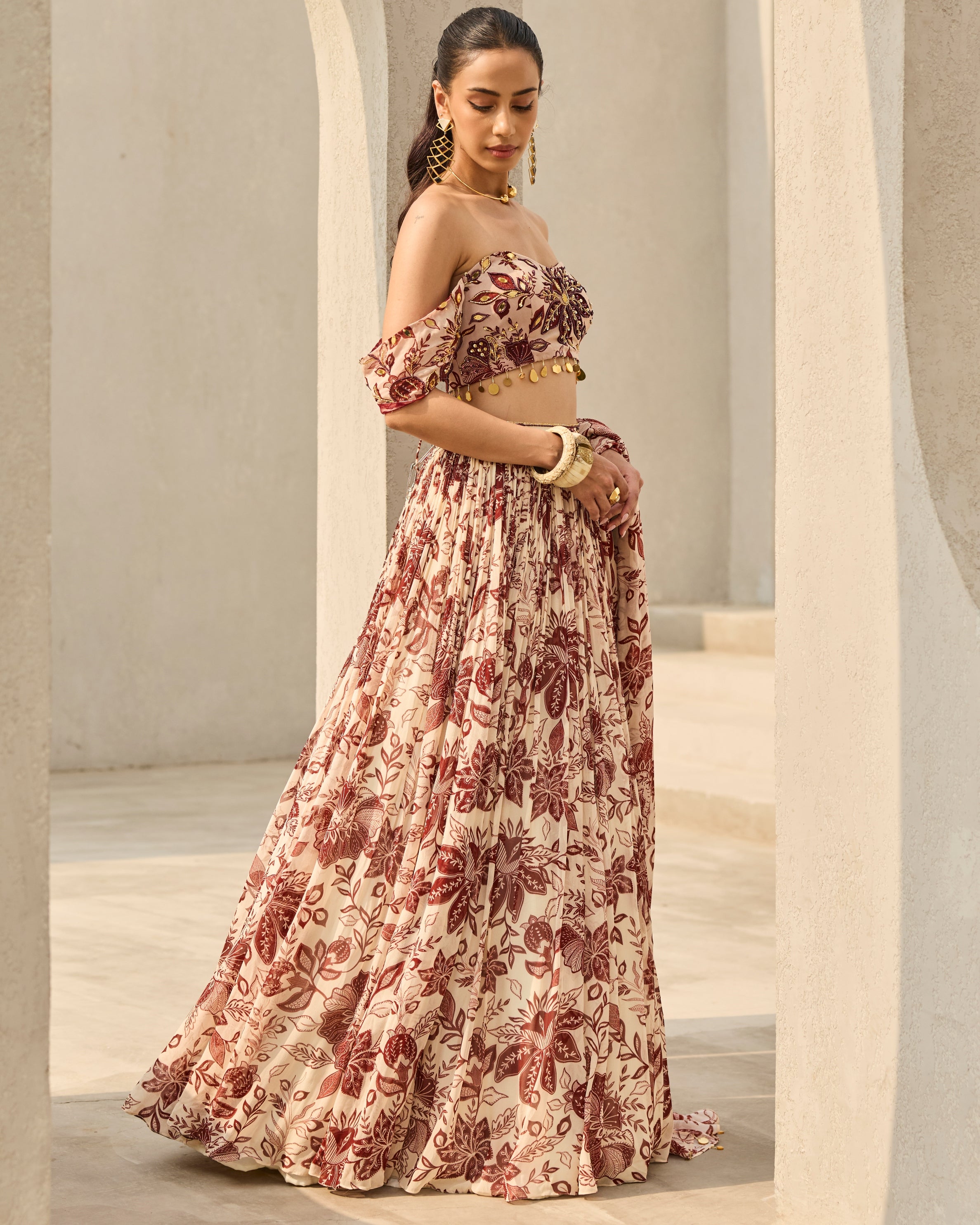 Ivory & Maroon Floral Printed Lehenga Set