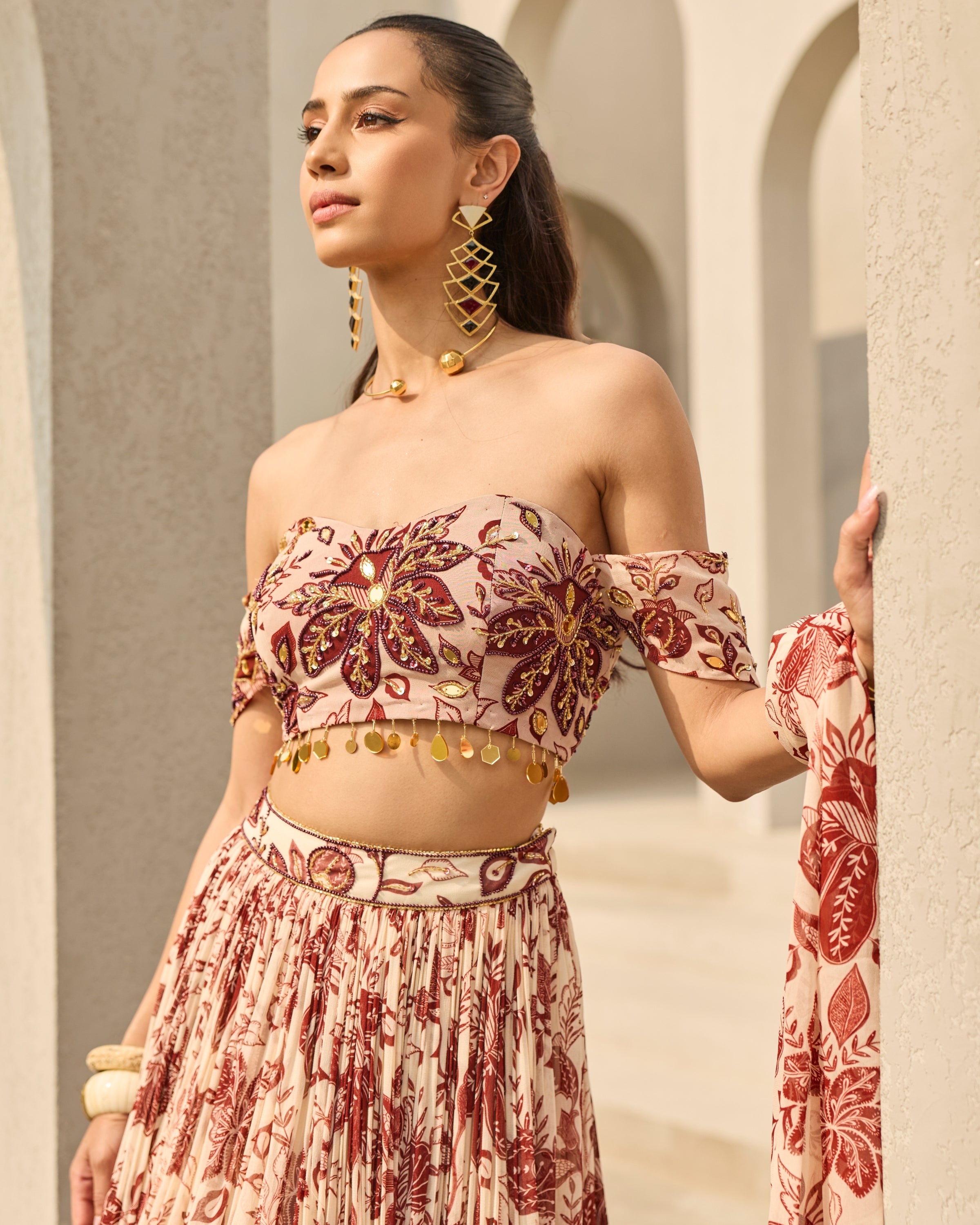 Ivory & Maroon Floral Printed Lehenga Set