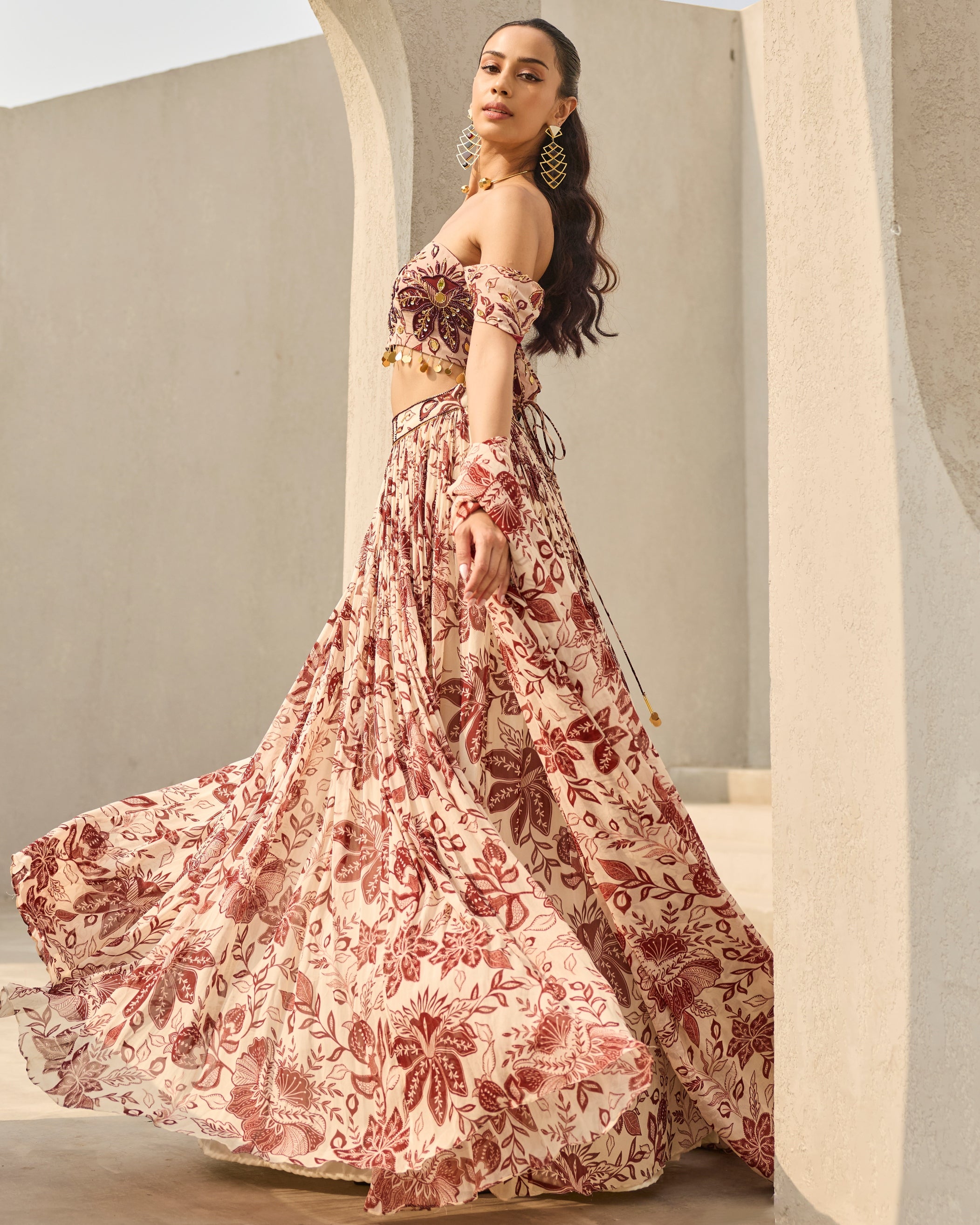 Ivory & Maroon Floral Printed Lehenga Set