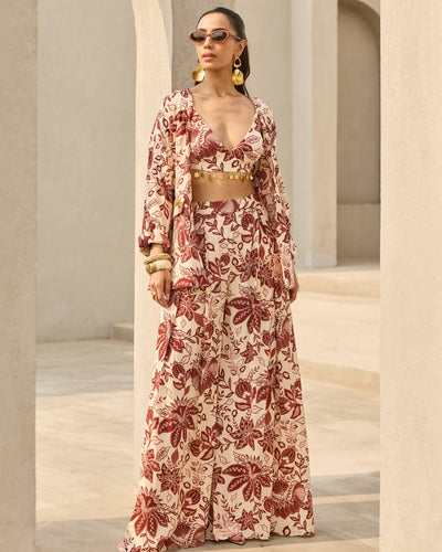 Ivory & Maroon Floral Printed Jacket Set