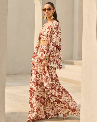 Ivory & Maroon Floral Printed Jacket Set