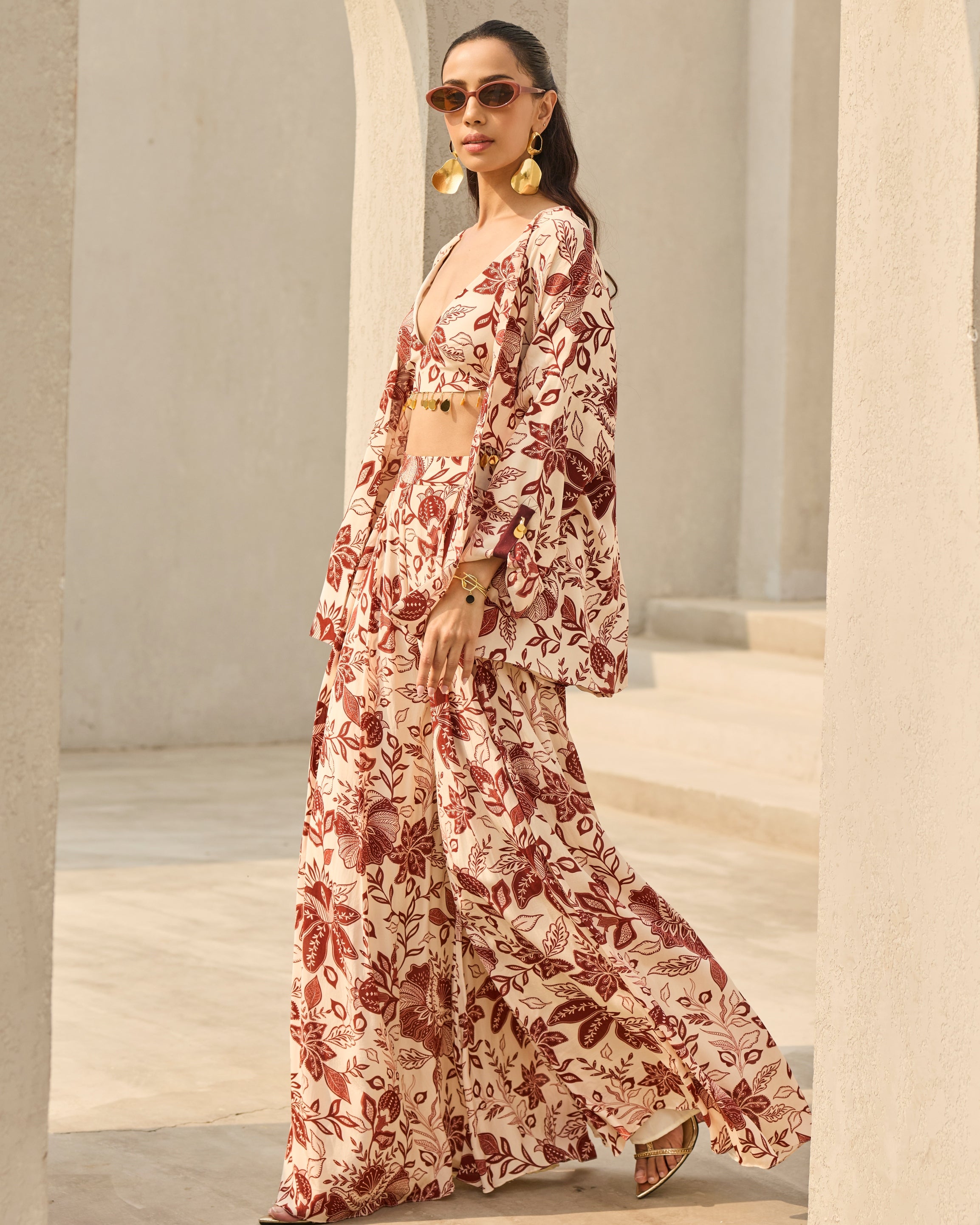 Ivory & Maroon Floral Printed Jacket Set