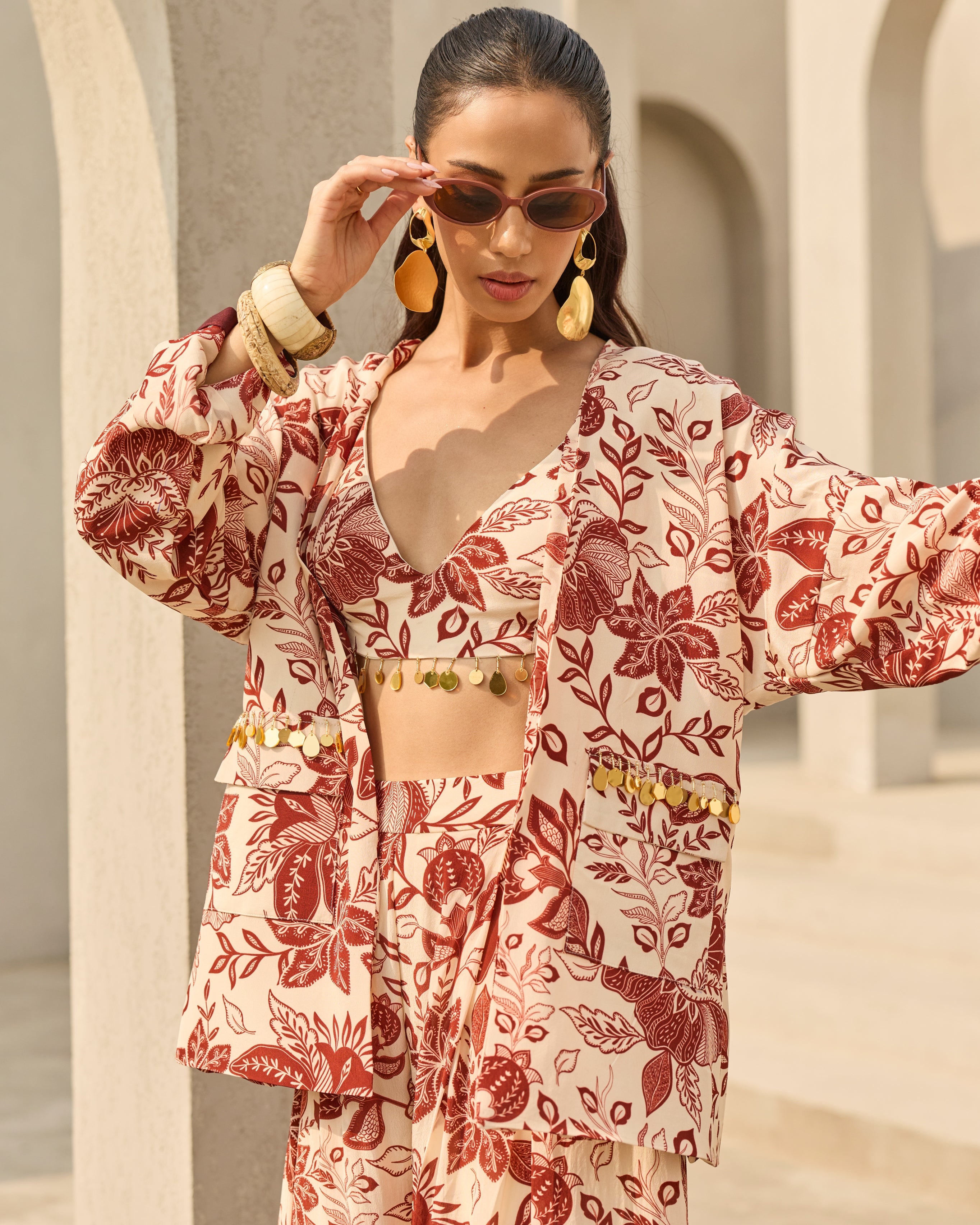 Ivory & Maroon Floral Printed Jacket Set