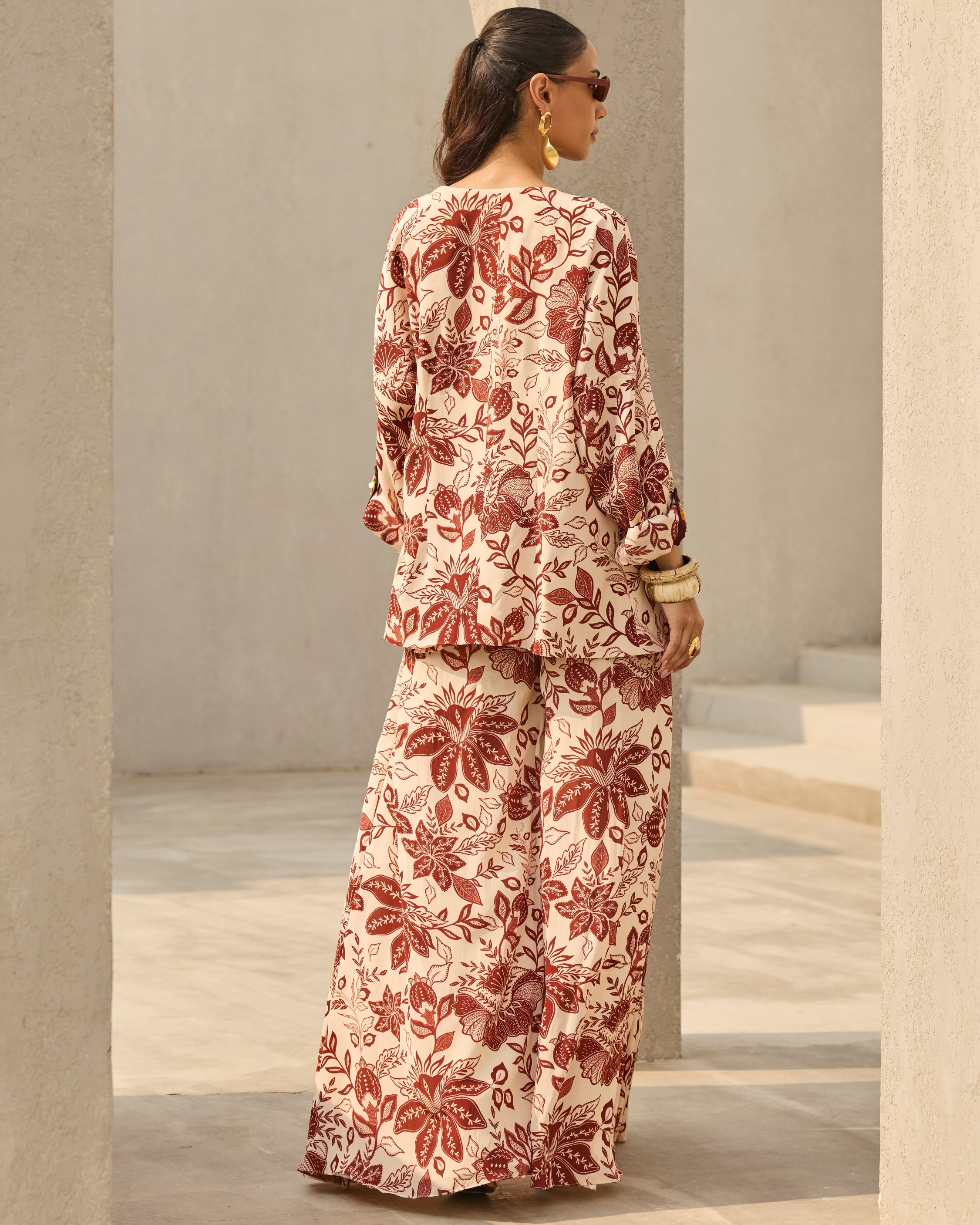 Ivory & Maroon Floral Printed Jacket Set