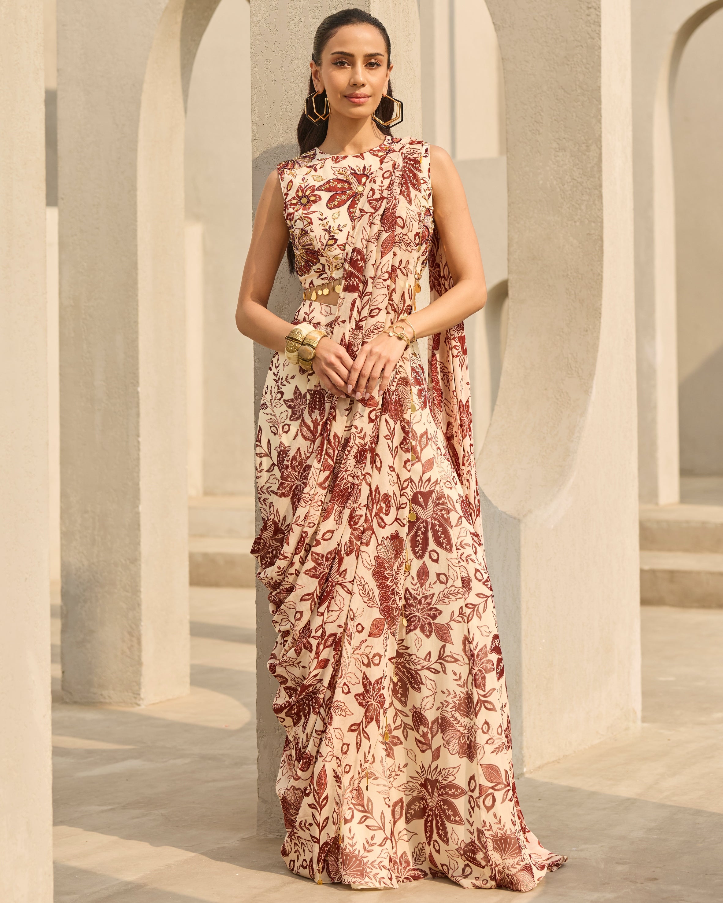 Ivory & Maroon Floral Printed Sari Set