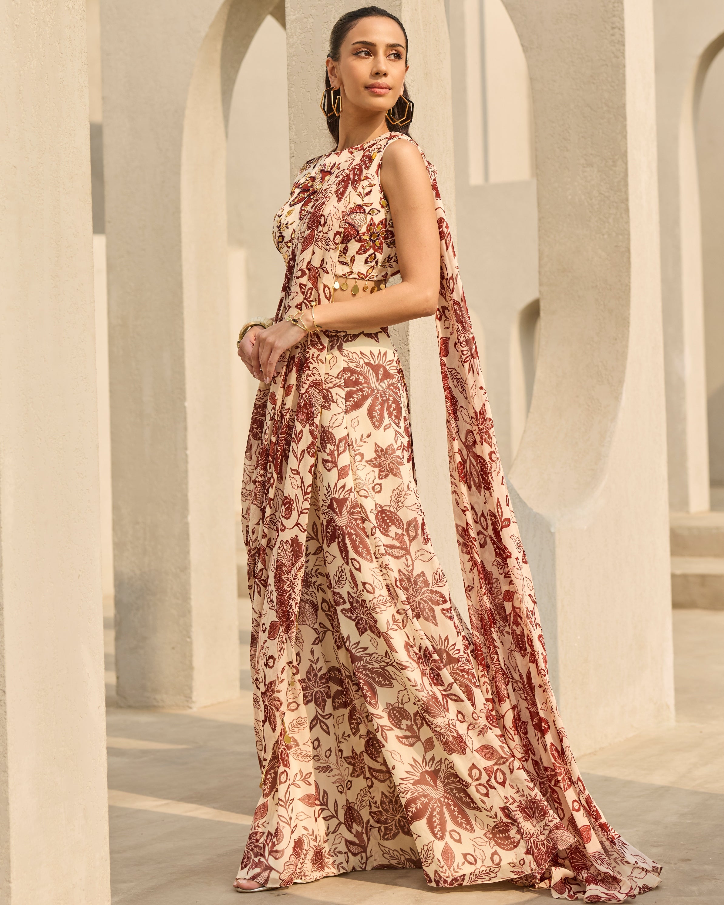 Ivory & Maroon Floral Printed Sari Set