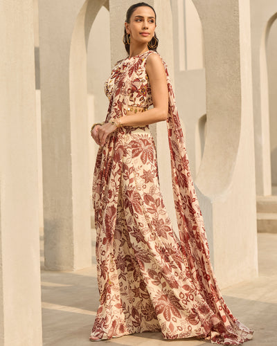 Ivory & Maroon Floral Printed Sari Set