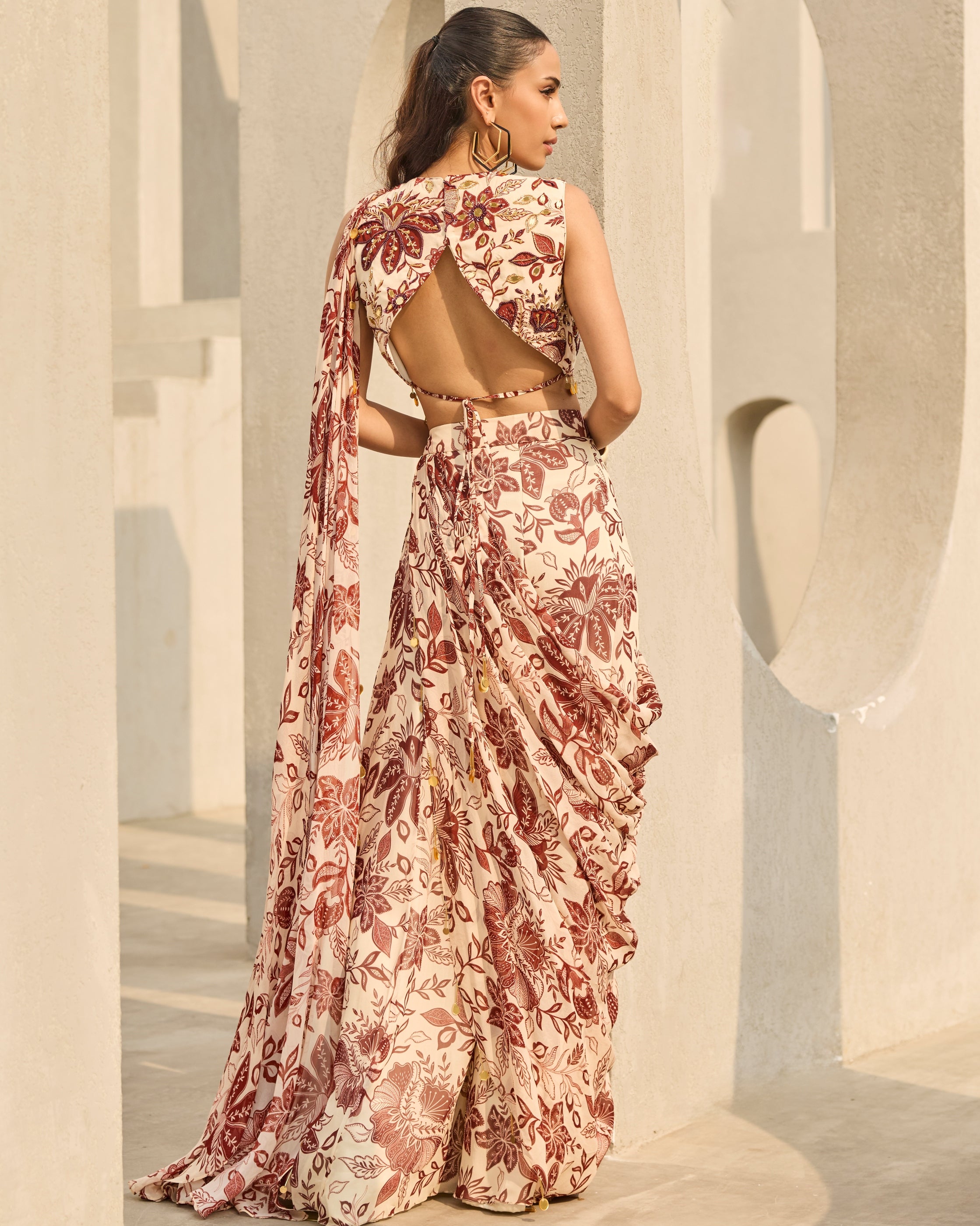 Ivory & Maroon Floral Printed Sari Set