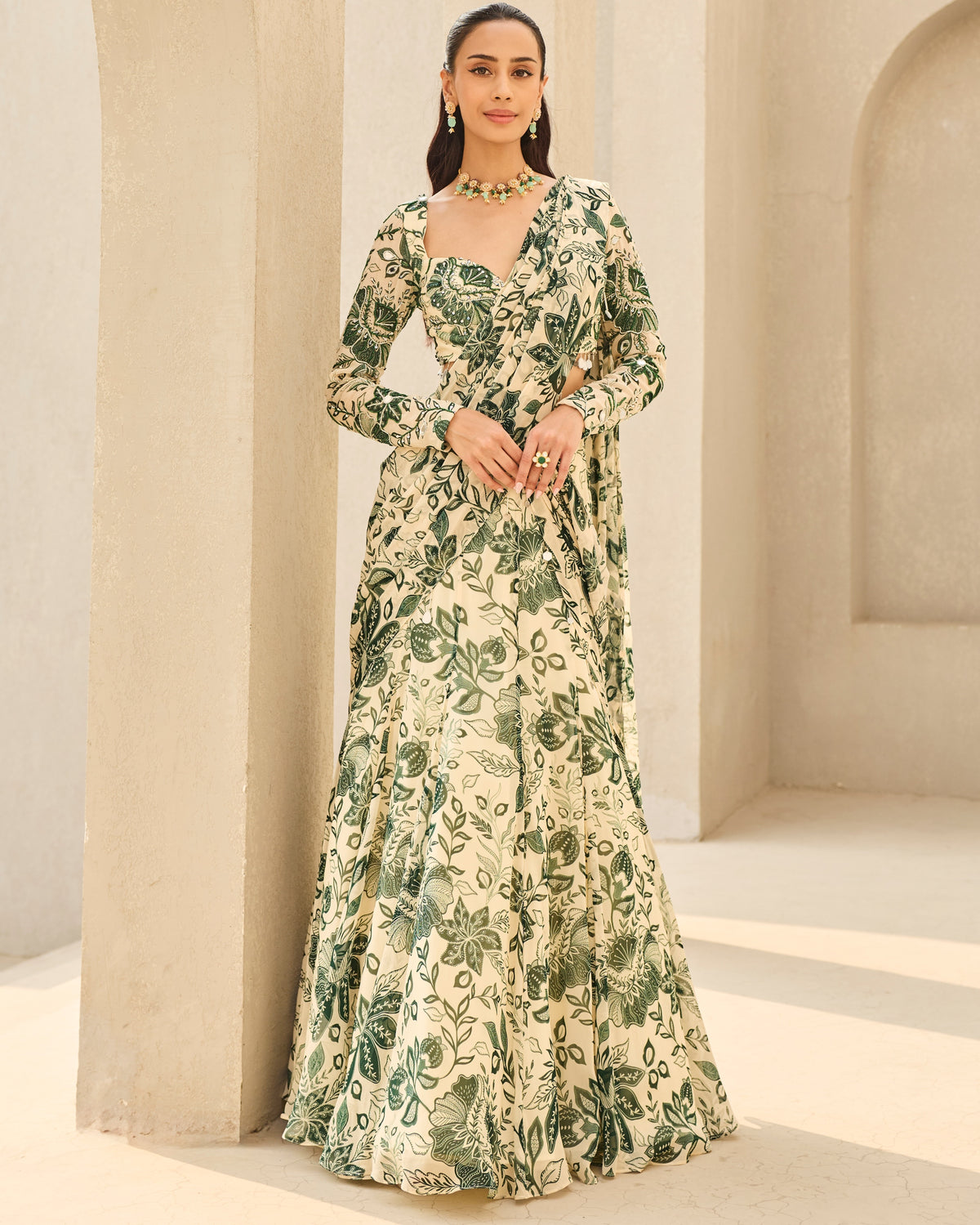 Ivory & Green Floral Printed Sari Set