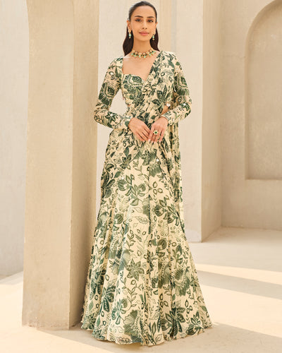 Ivory & Green Floral Printed Sari Set