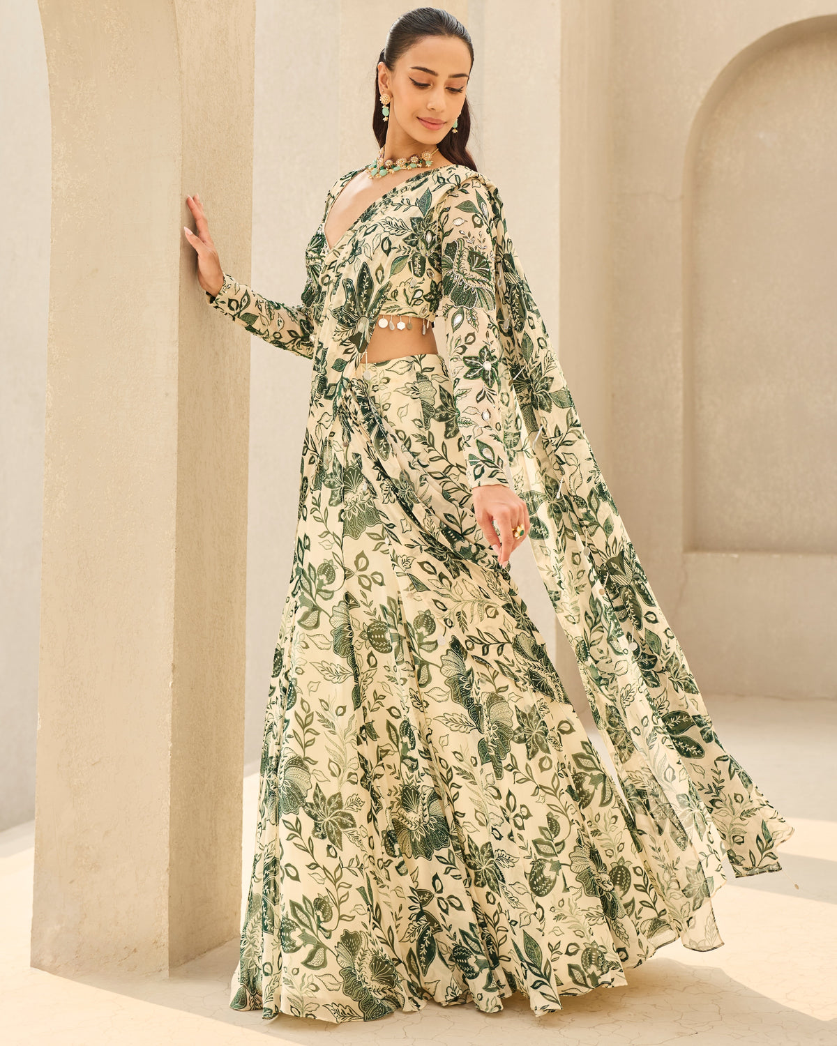 Ivory & Green Floral Printed Sari Set
