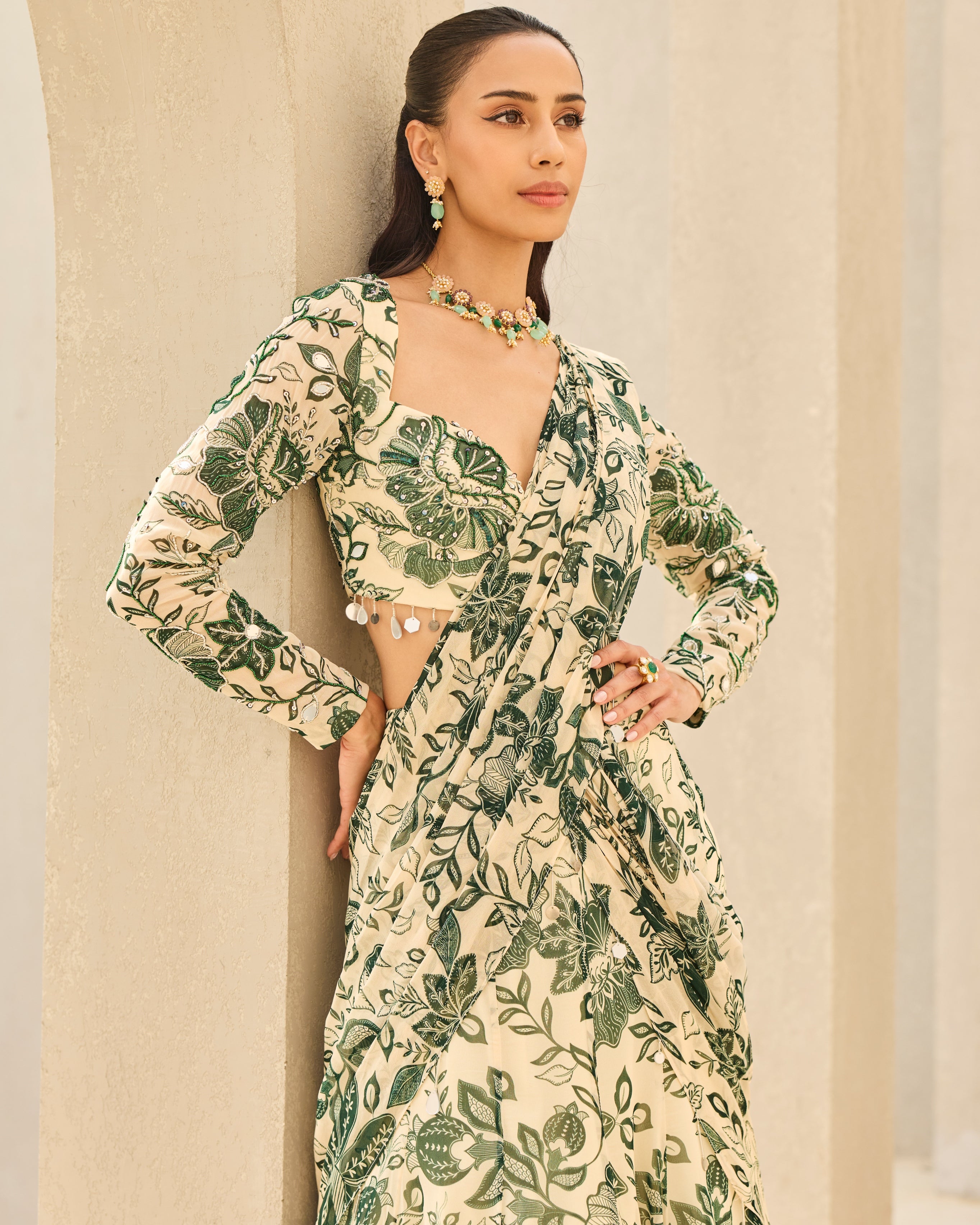 Ivory & Green Floral Printed Sari Set