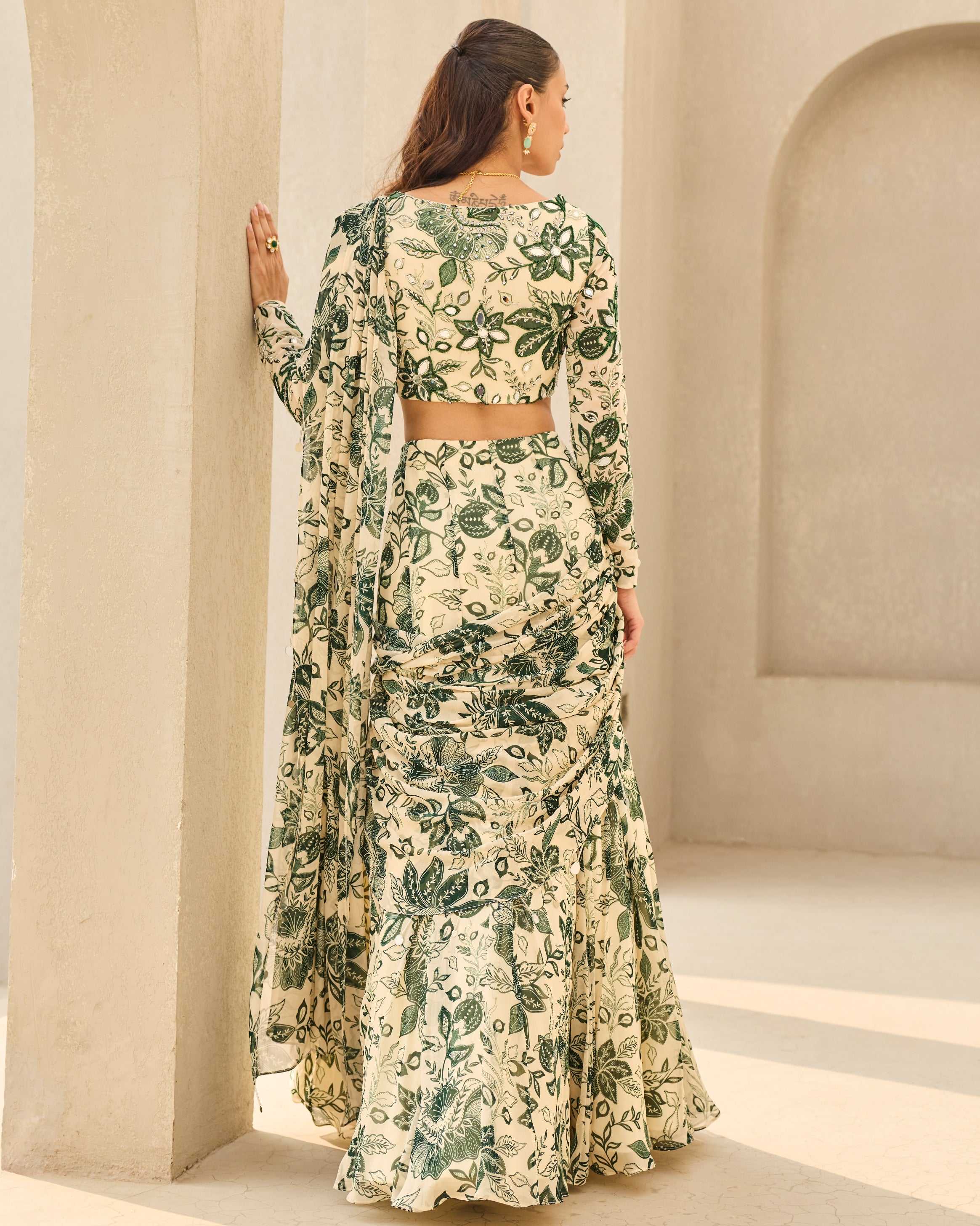 Ivory & Green Floral Printed Sari Set