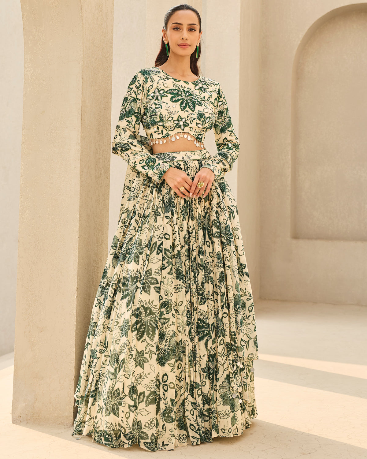 Ivory & Green Floral Printed Lehenga Set
