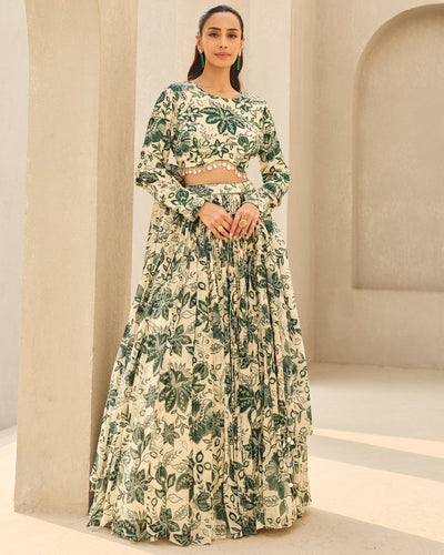 Ivory & Green Floral Printed Lehenga Set