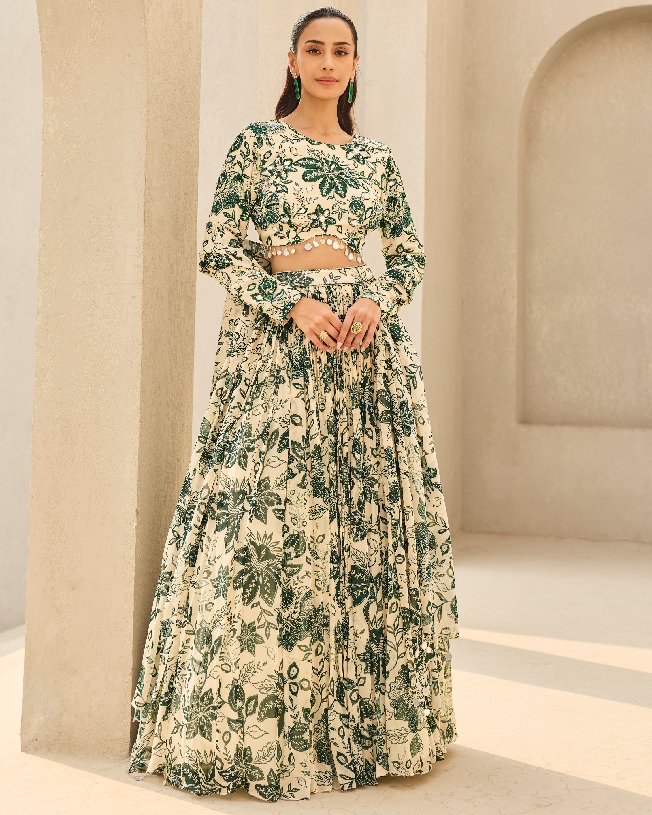 Ivory & Green Floral Printed Lehenga Set