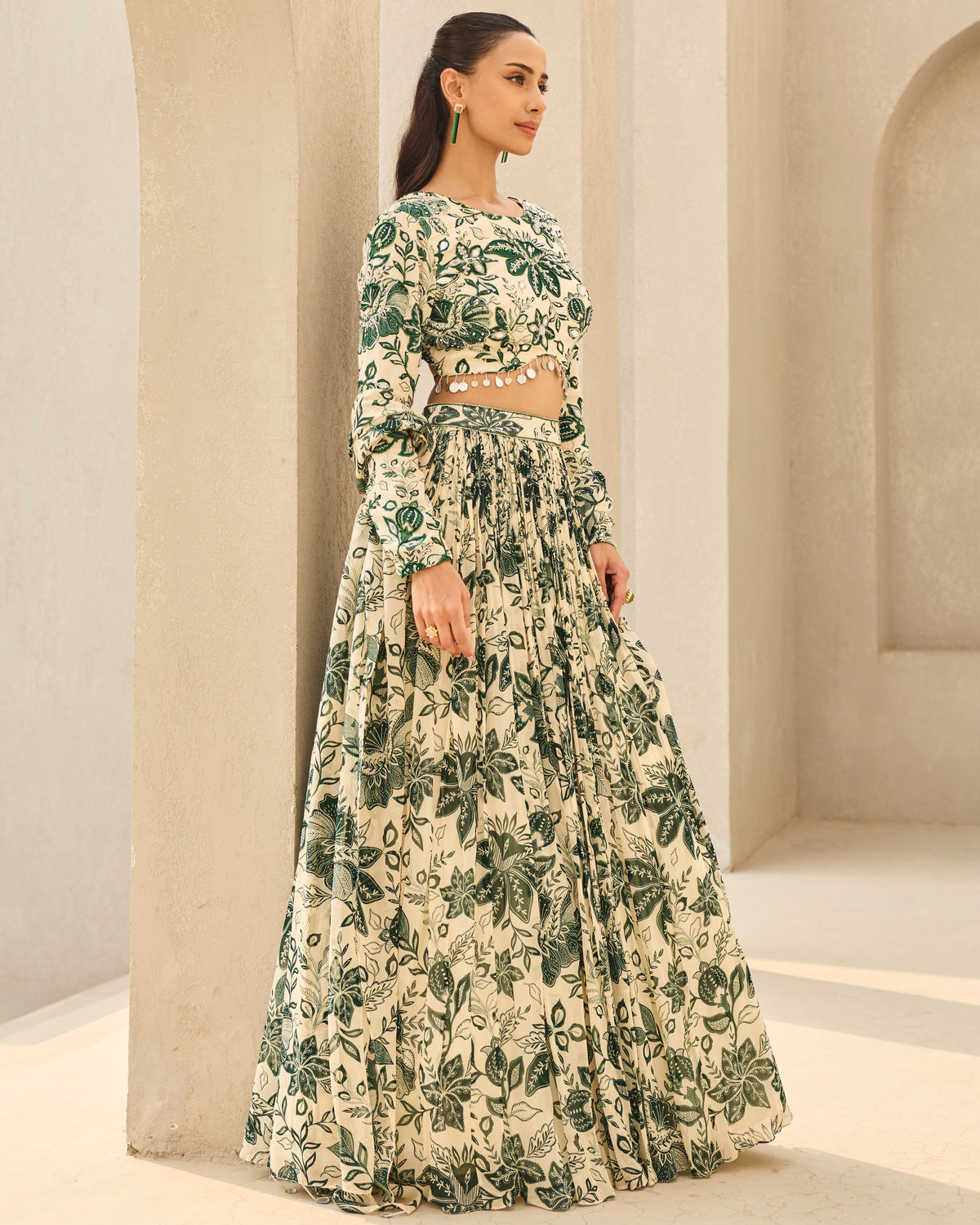 Ivory & Green Floral Printed Lehenga Set